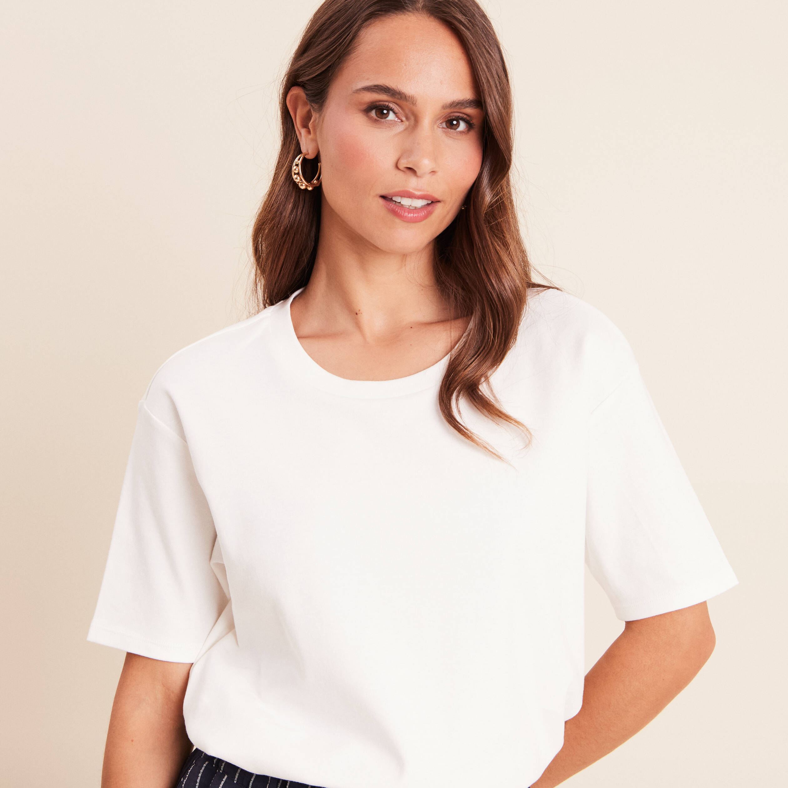 T-shirt ample col rond manches courtes ecru femme