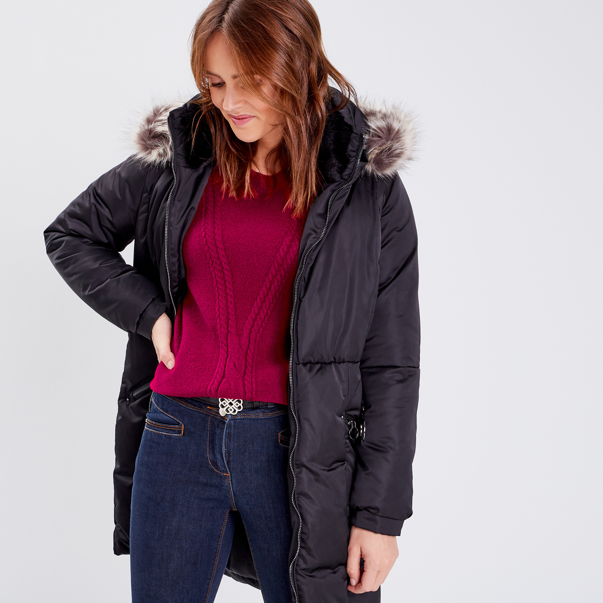 Doudoune droite ceinturée déperlante noir femme
