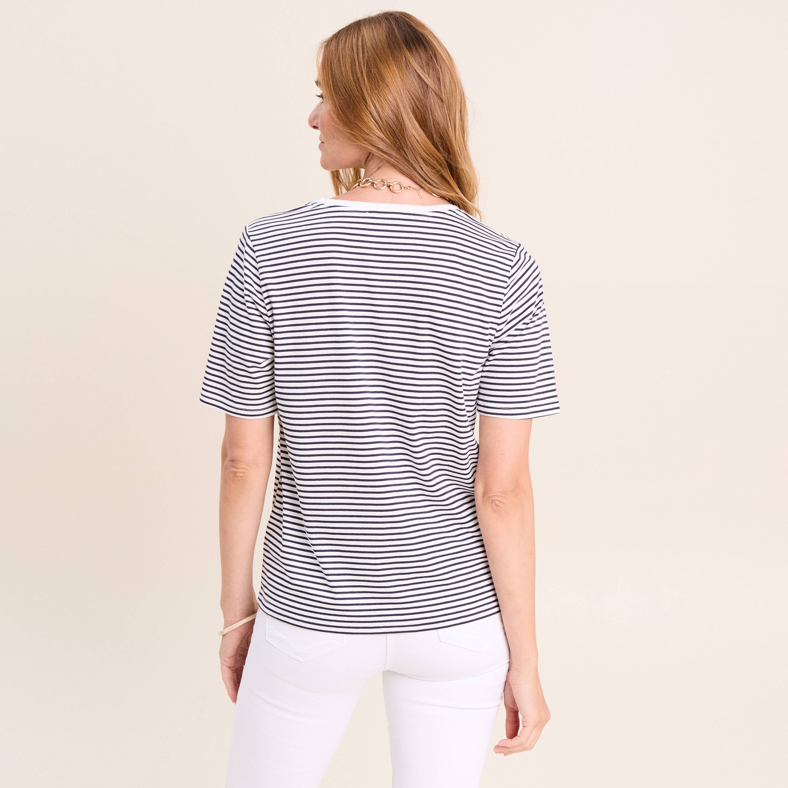 T-shirt droit broderie manches courtes bleu femme