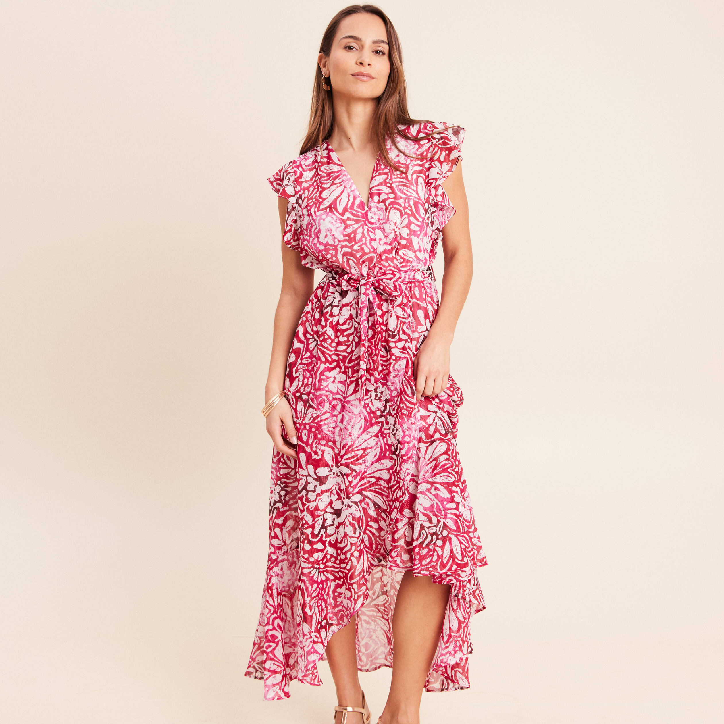 Robe longue portefeuille rose femme