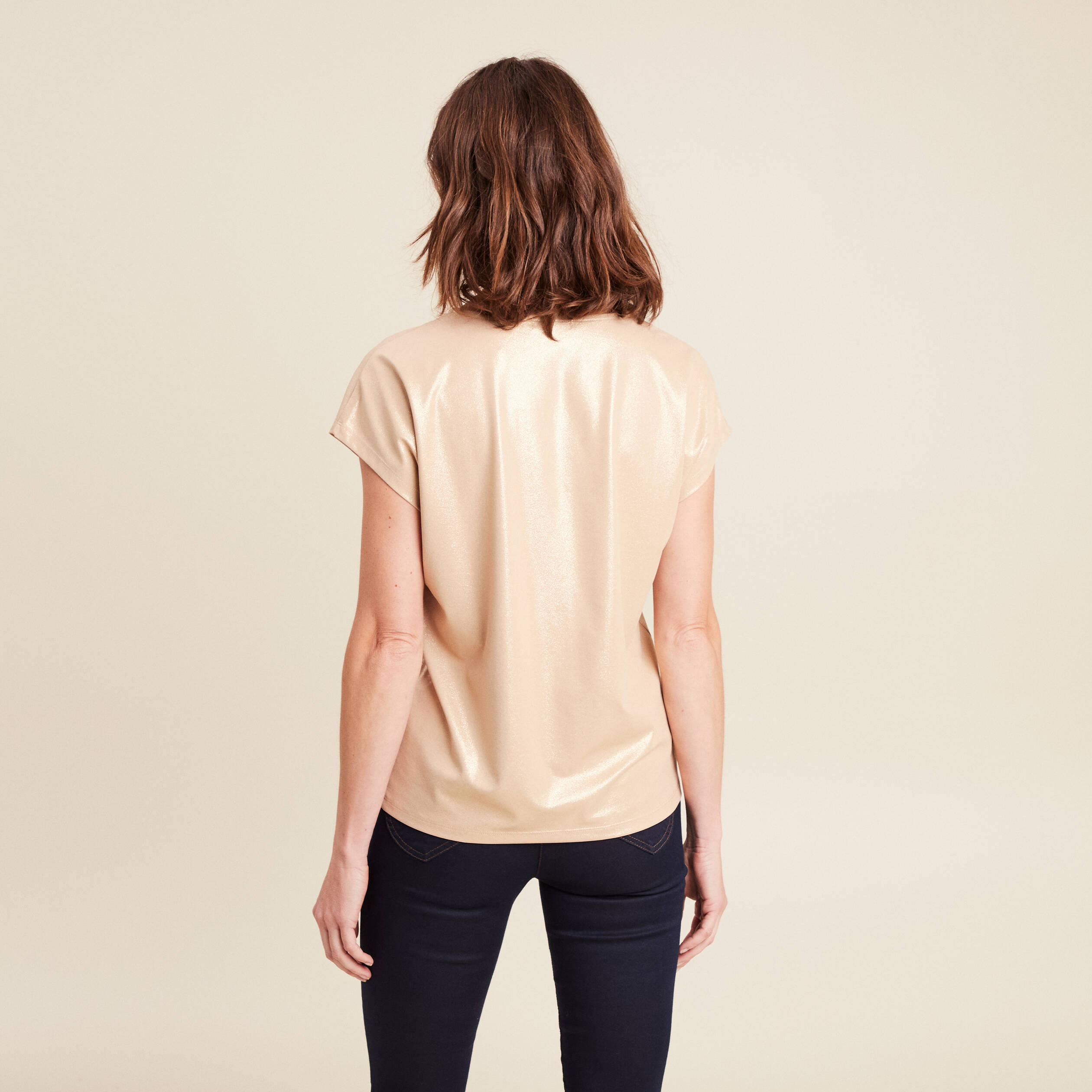 T-shirt col V manches courtes beige femme