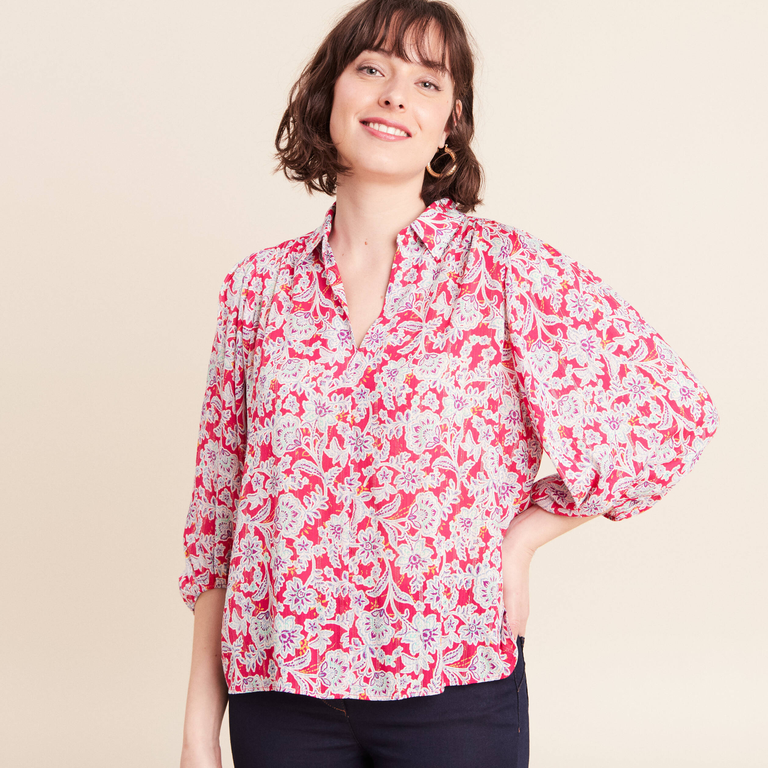 Blouse ample col chemise manches 3/4 rose femme