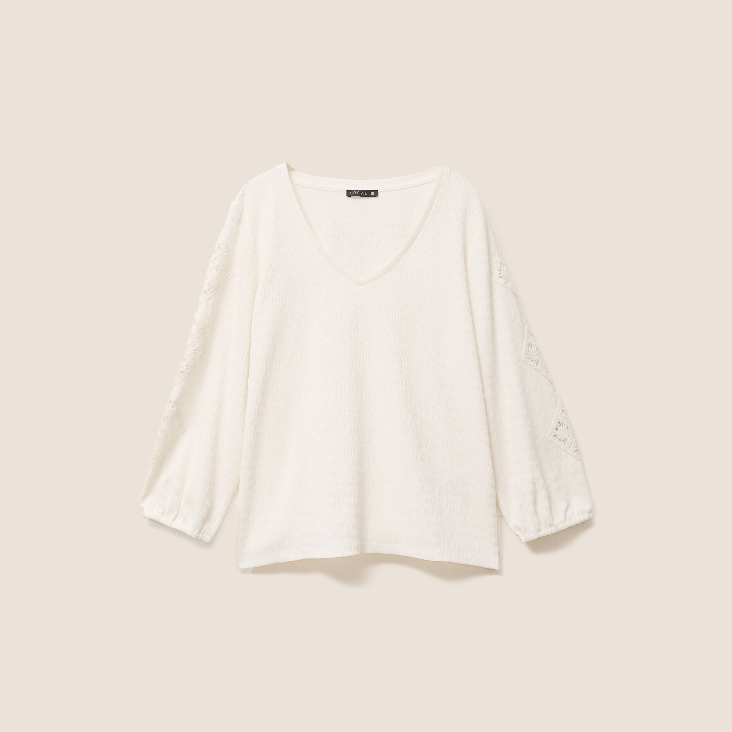blouse macramé col V manches 3/4 ecru femme