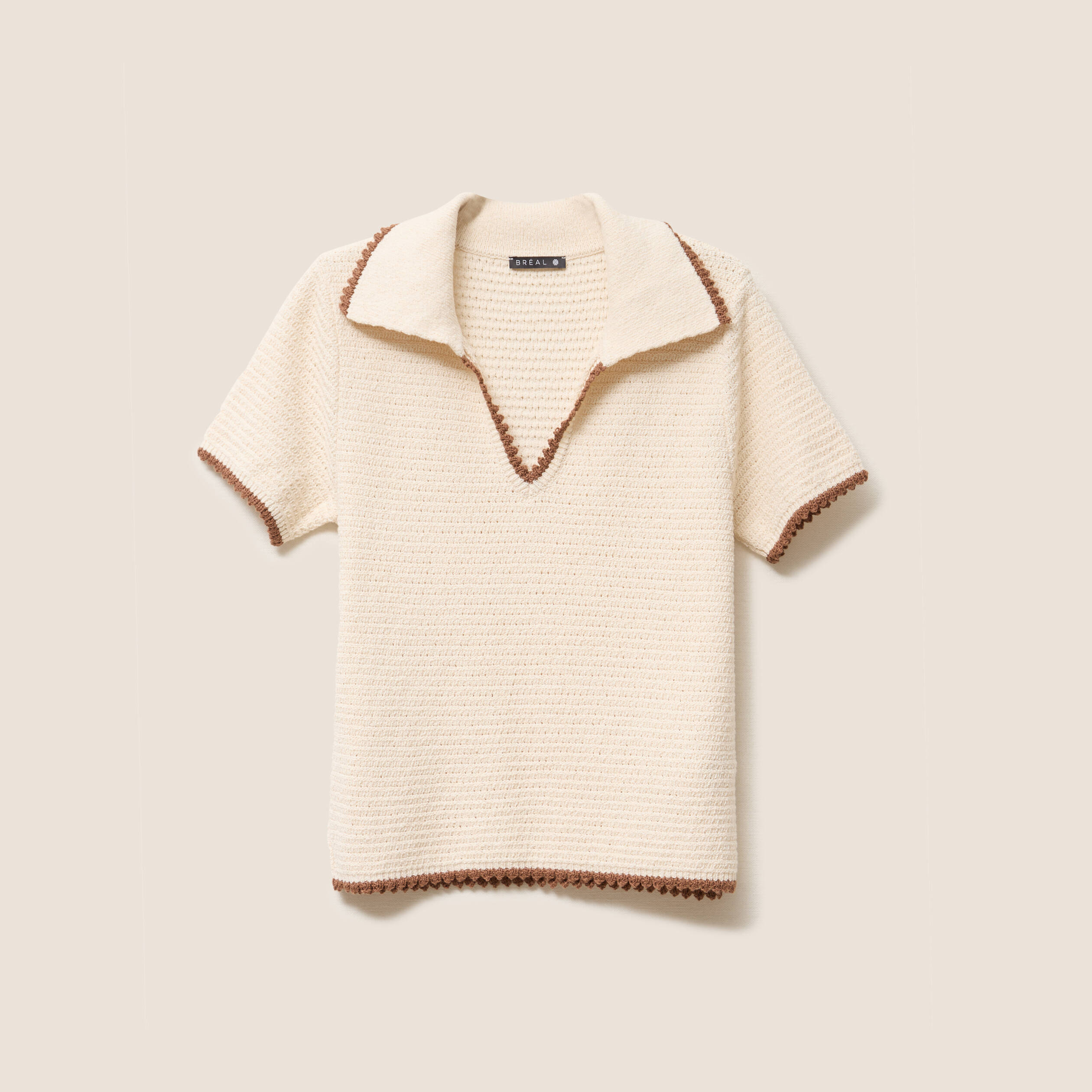 Pull col chemise manches courtes ecru femme