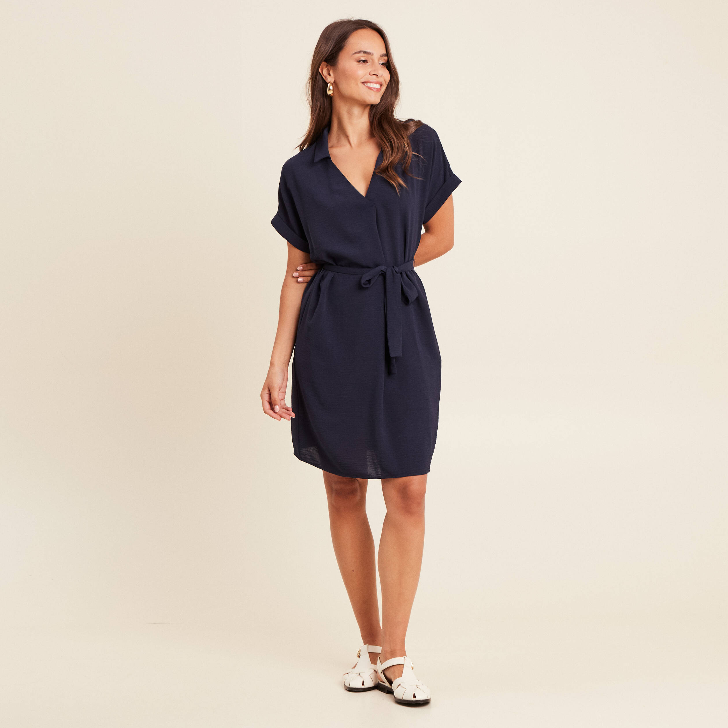 Robe fluide manches courtes bleu marine femme