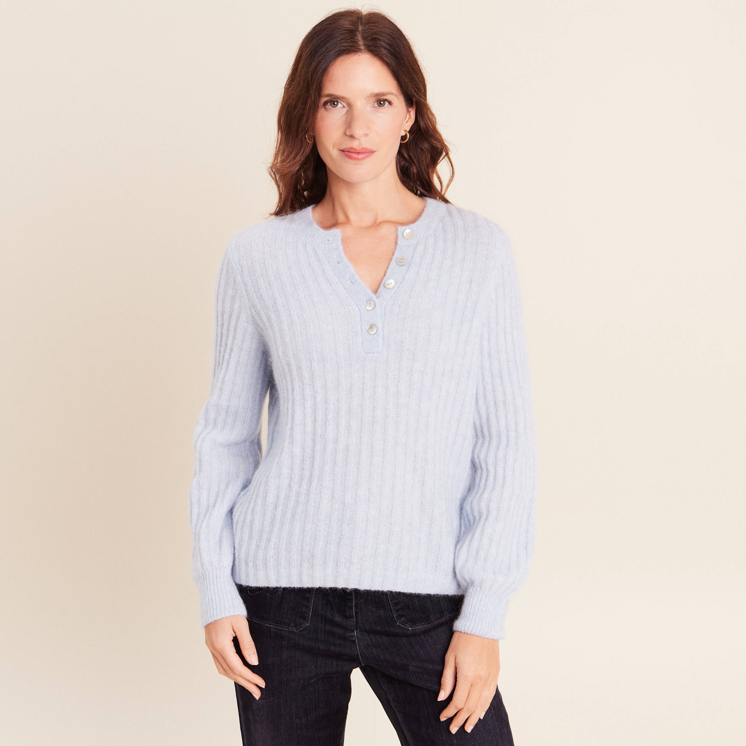 Pull col tunisien denim snow gris femme