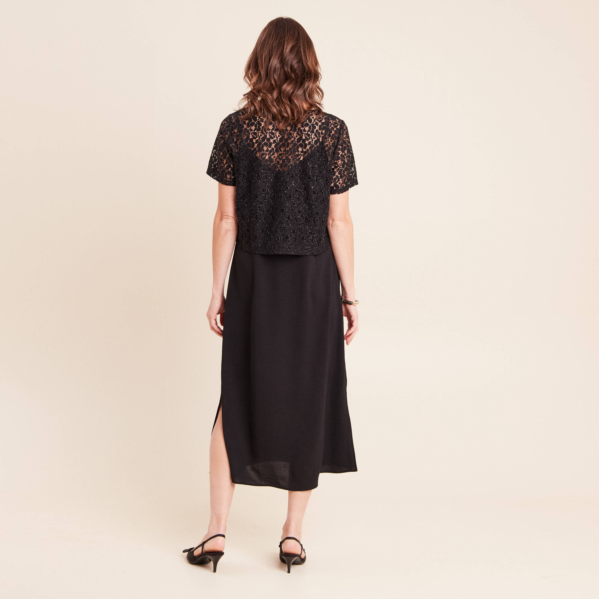 Robe longue &eacute;vas&eacute;e 2 en 1 col rond noir femme