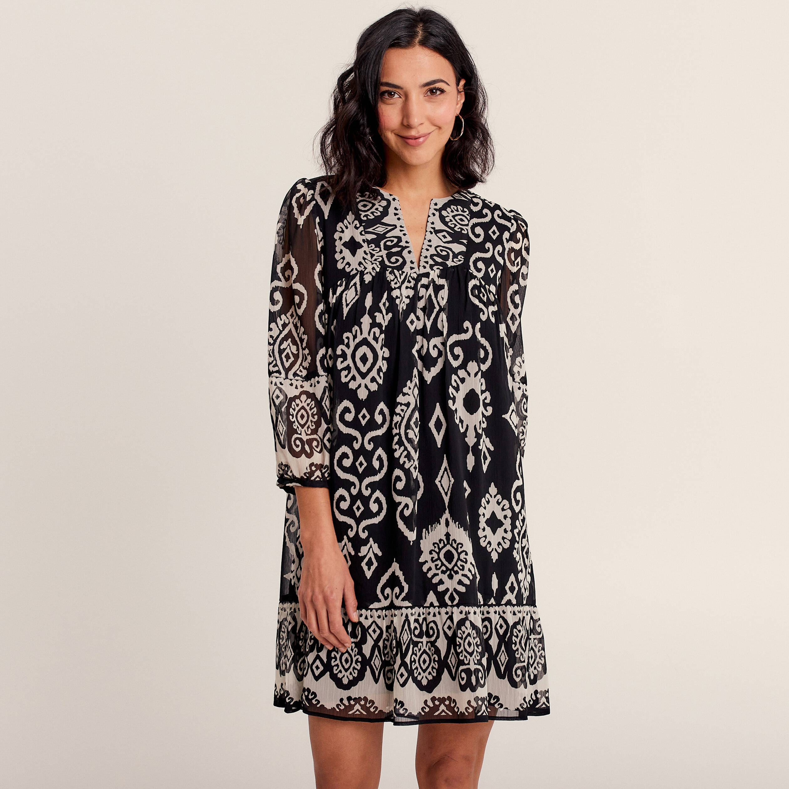 Robe évasée manches 3/4 noir femme