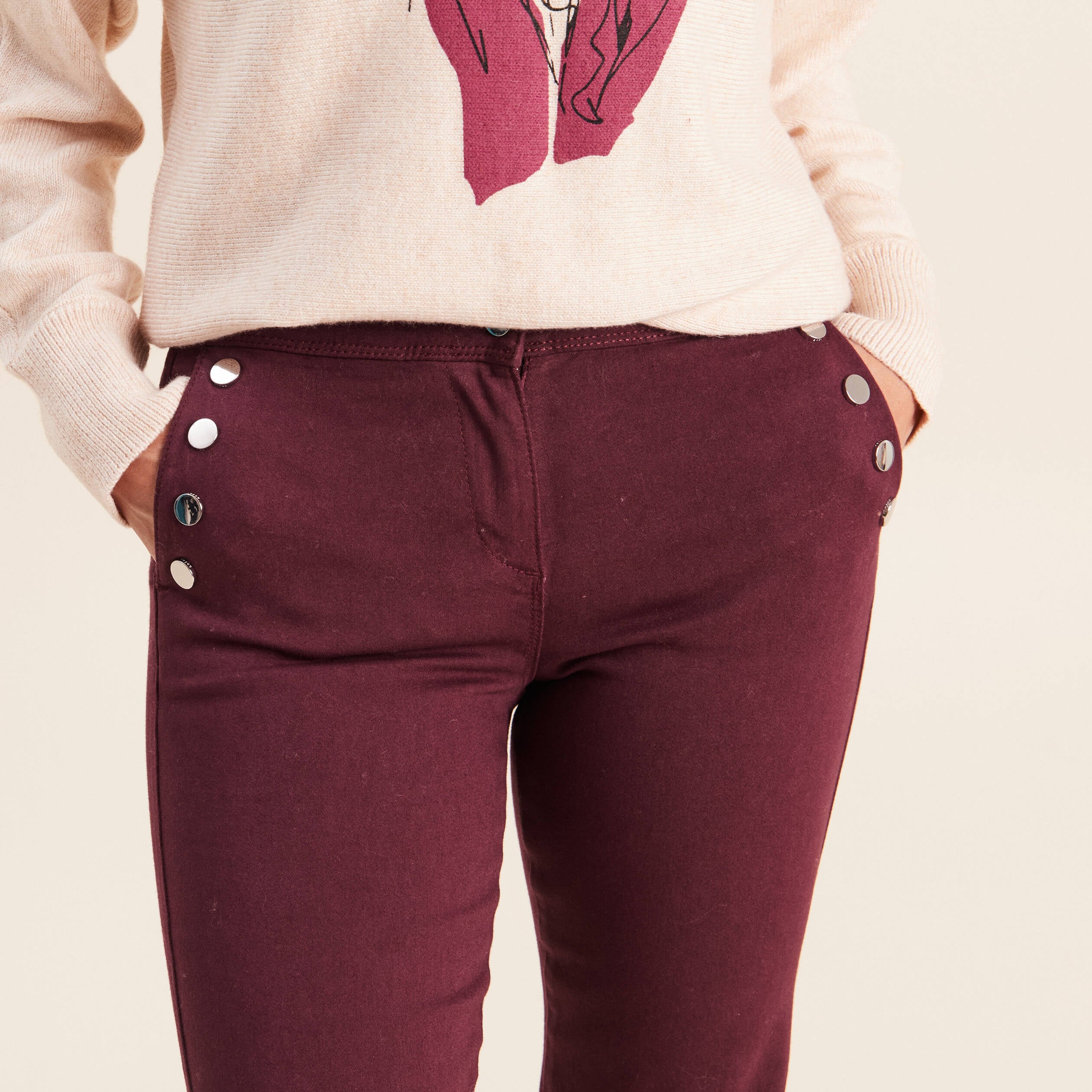 Pantalon coupe bootcut &agrave; pont prune femme