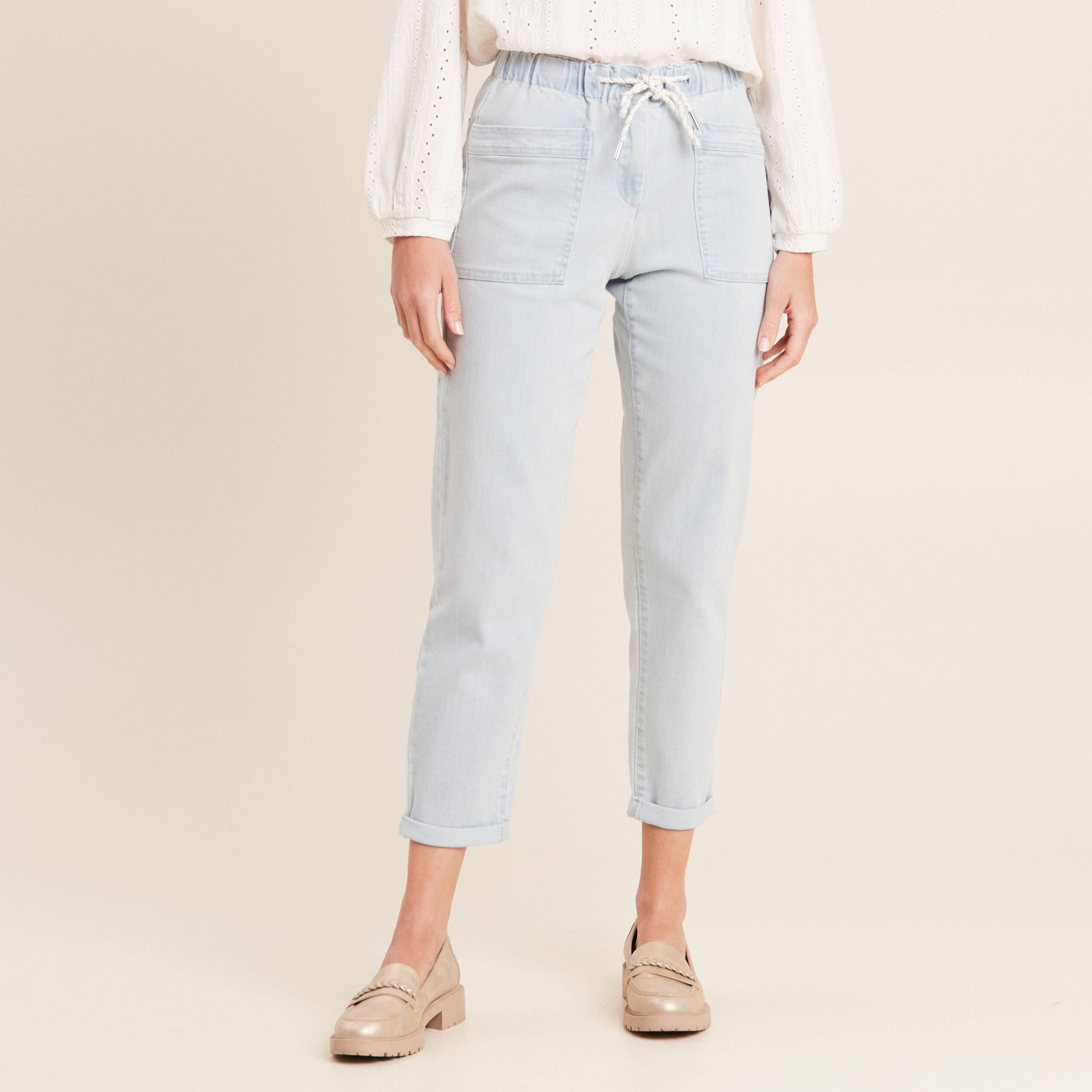 jean large a coulisse denim bleach femme Jean large à coulisse denim bleach femme