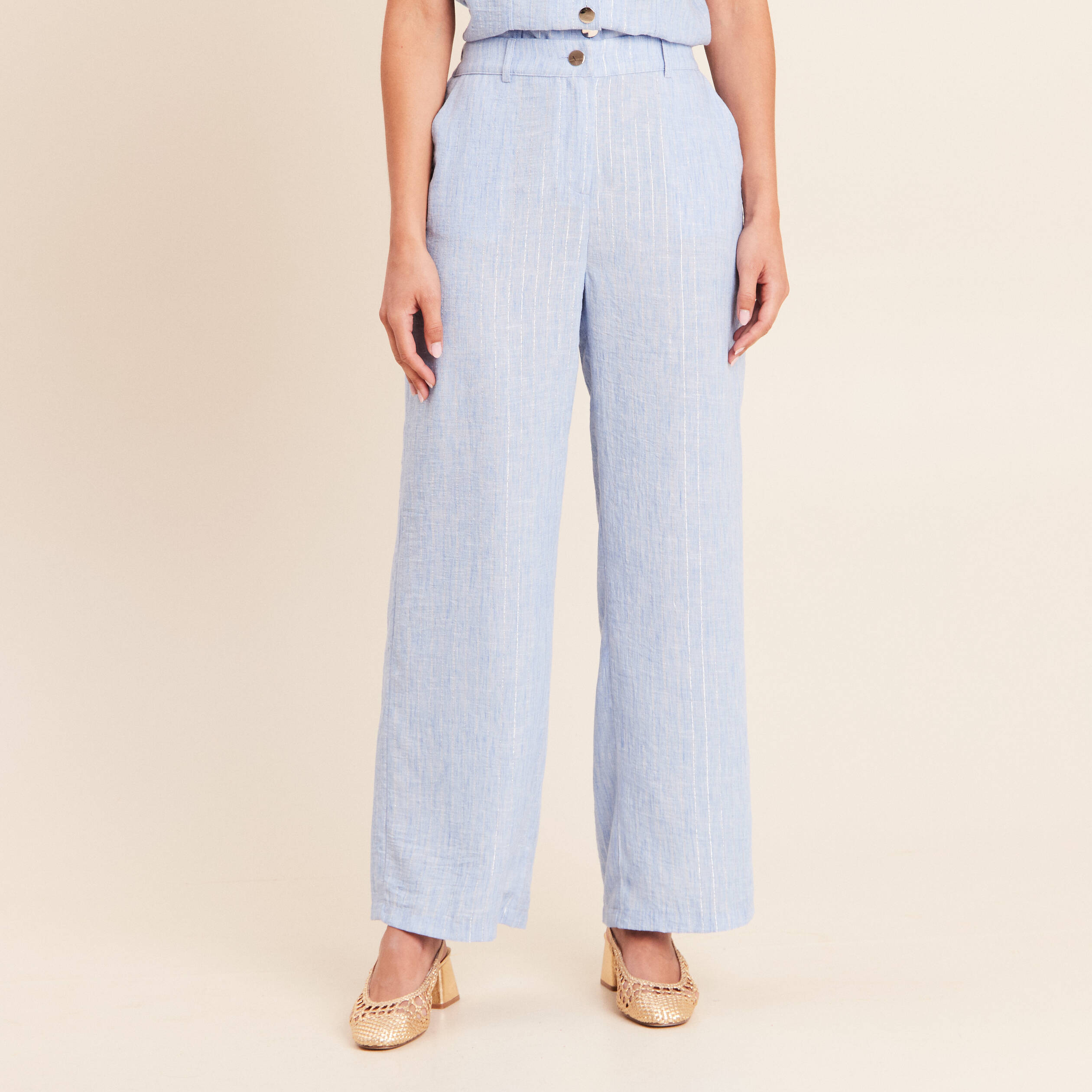 Pantalon large taille haute bleu femme