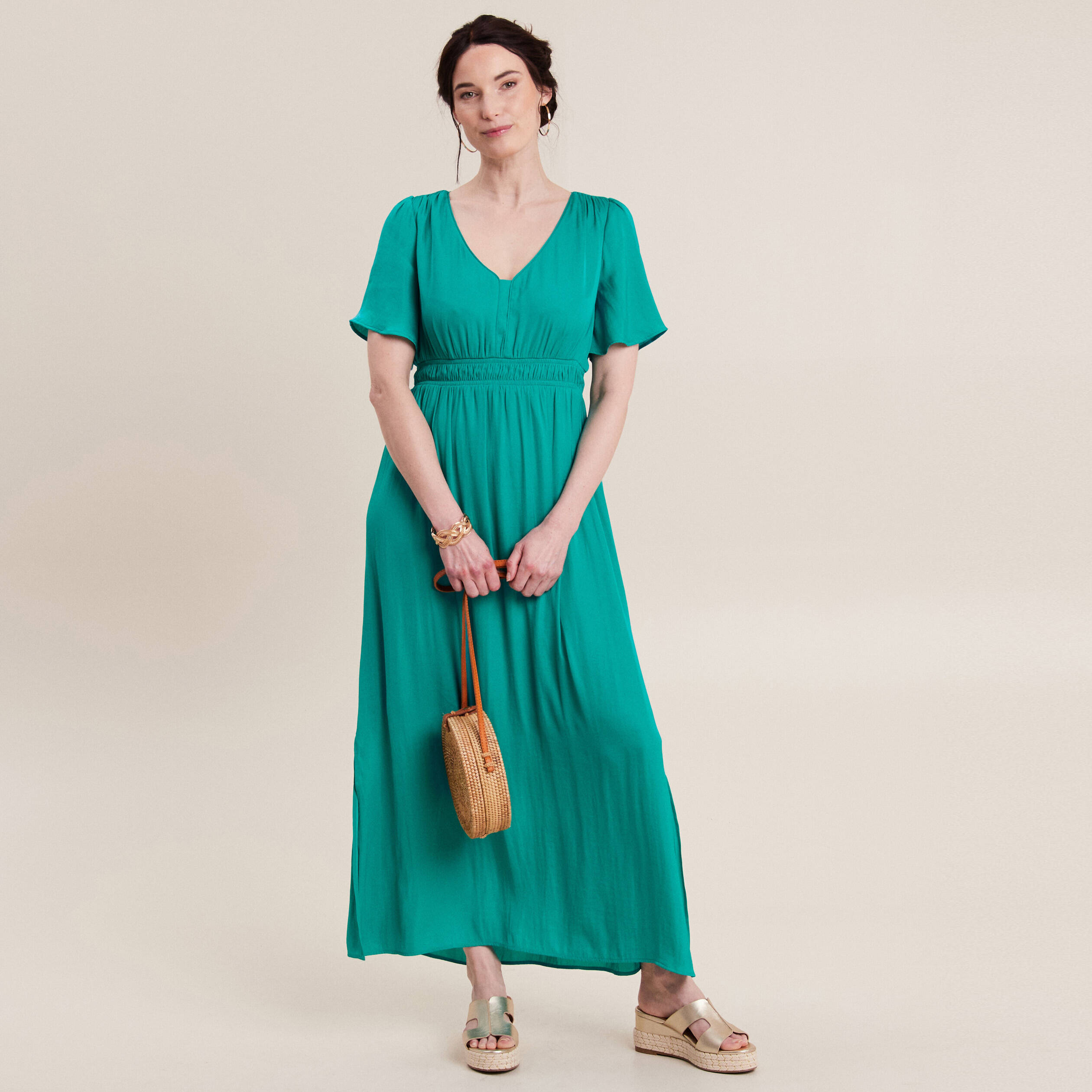 Robe longue évasée satin bleu turquoise femme