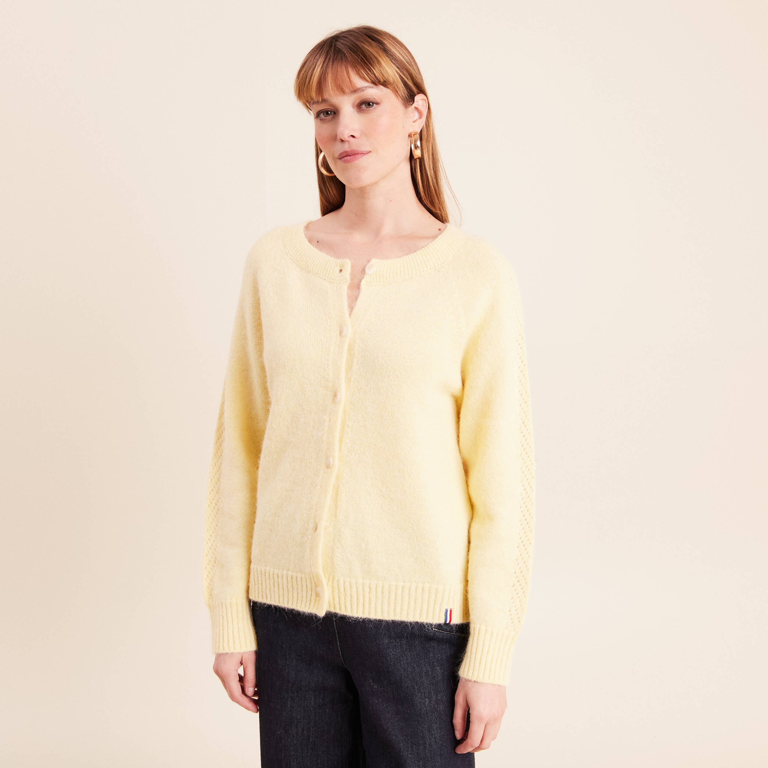 Gilet manches longues col rond jaune pastel femme
