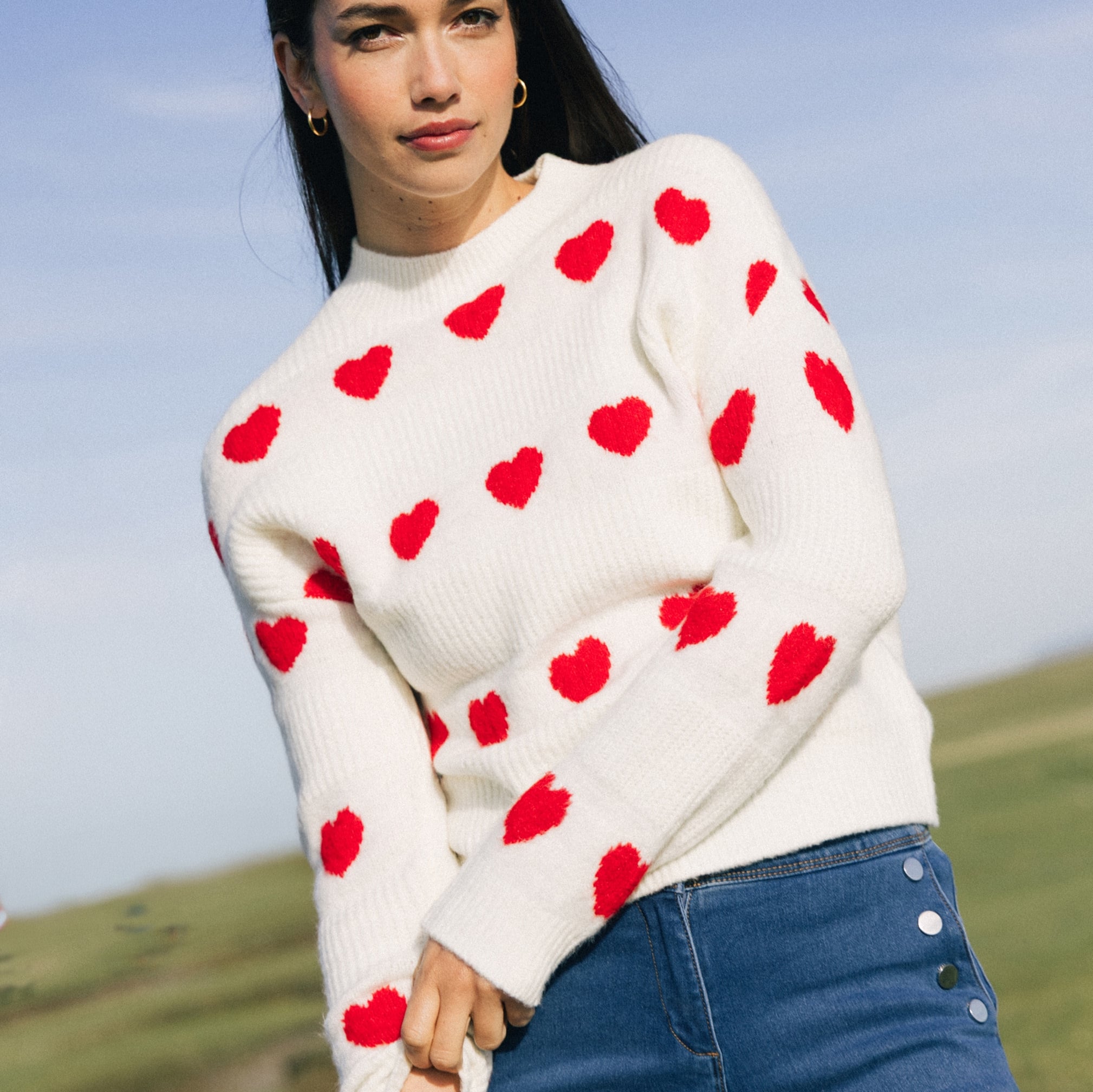Pull col rond manches longues rouge femme