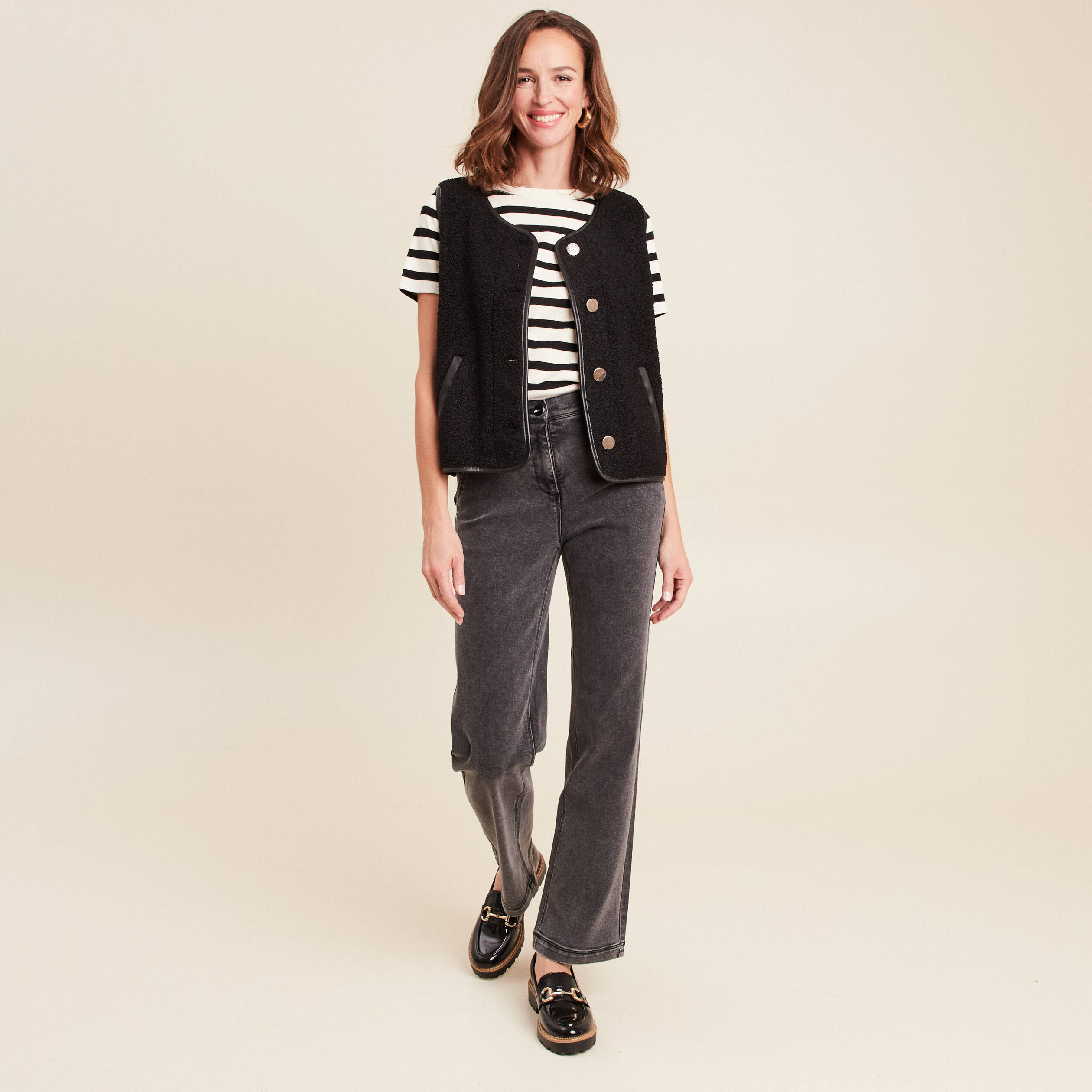 jean droit taille haute long denim gris femme Jean droit taille haute long denim gris femme