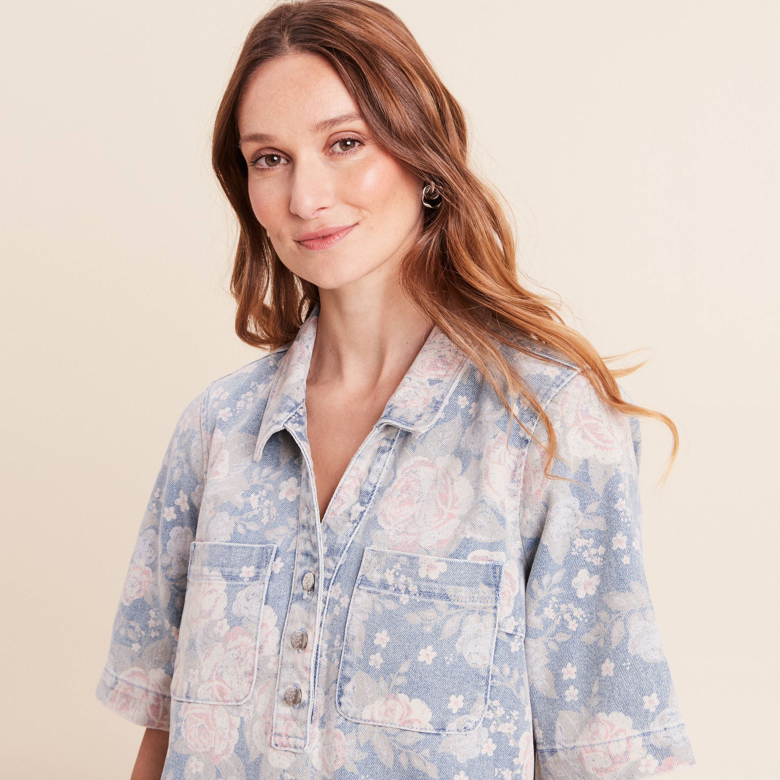 Robe droite courte en jean col chemise rose femme