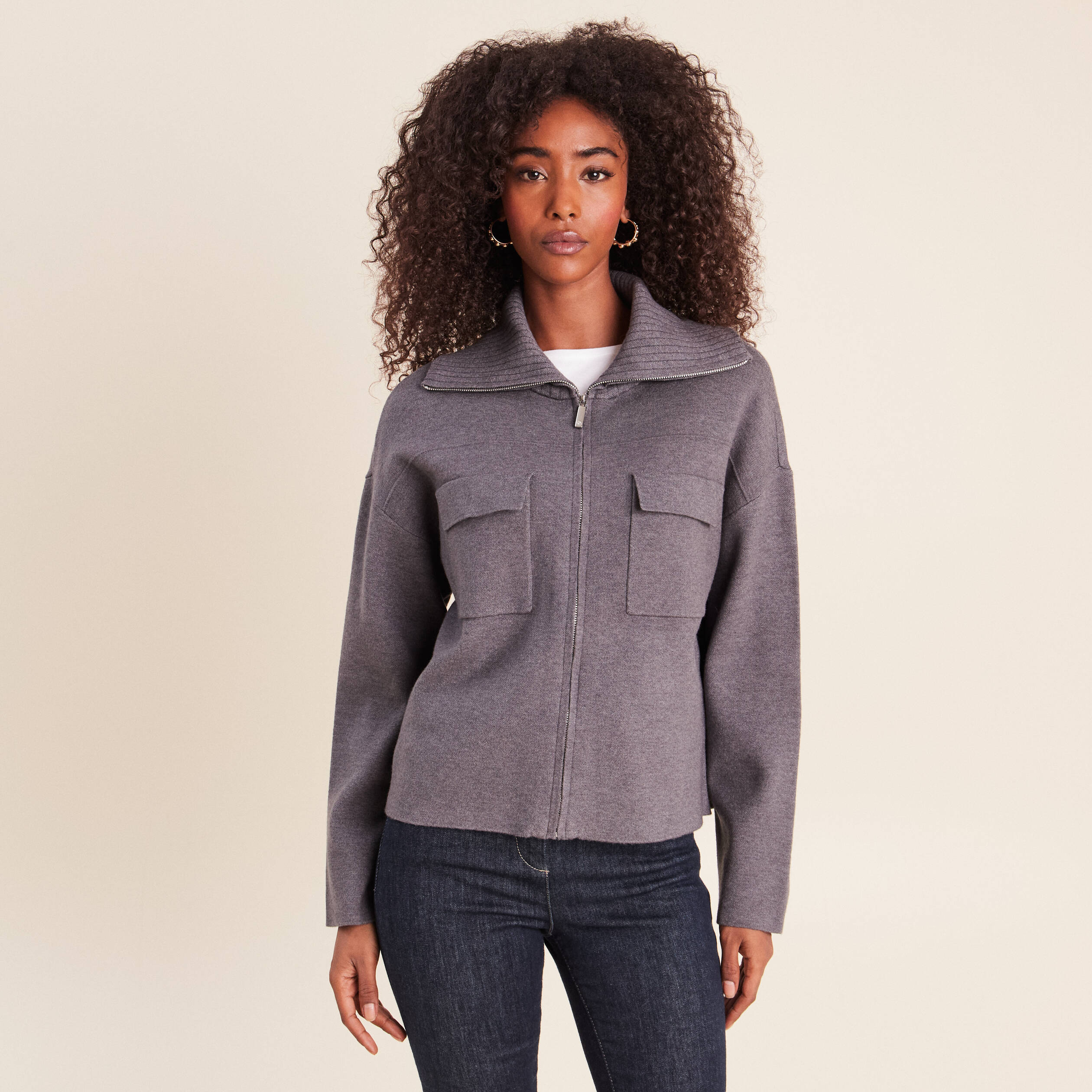 Cardigan col camionneur gris fonc&eacute; femme