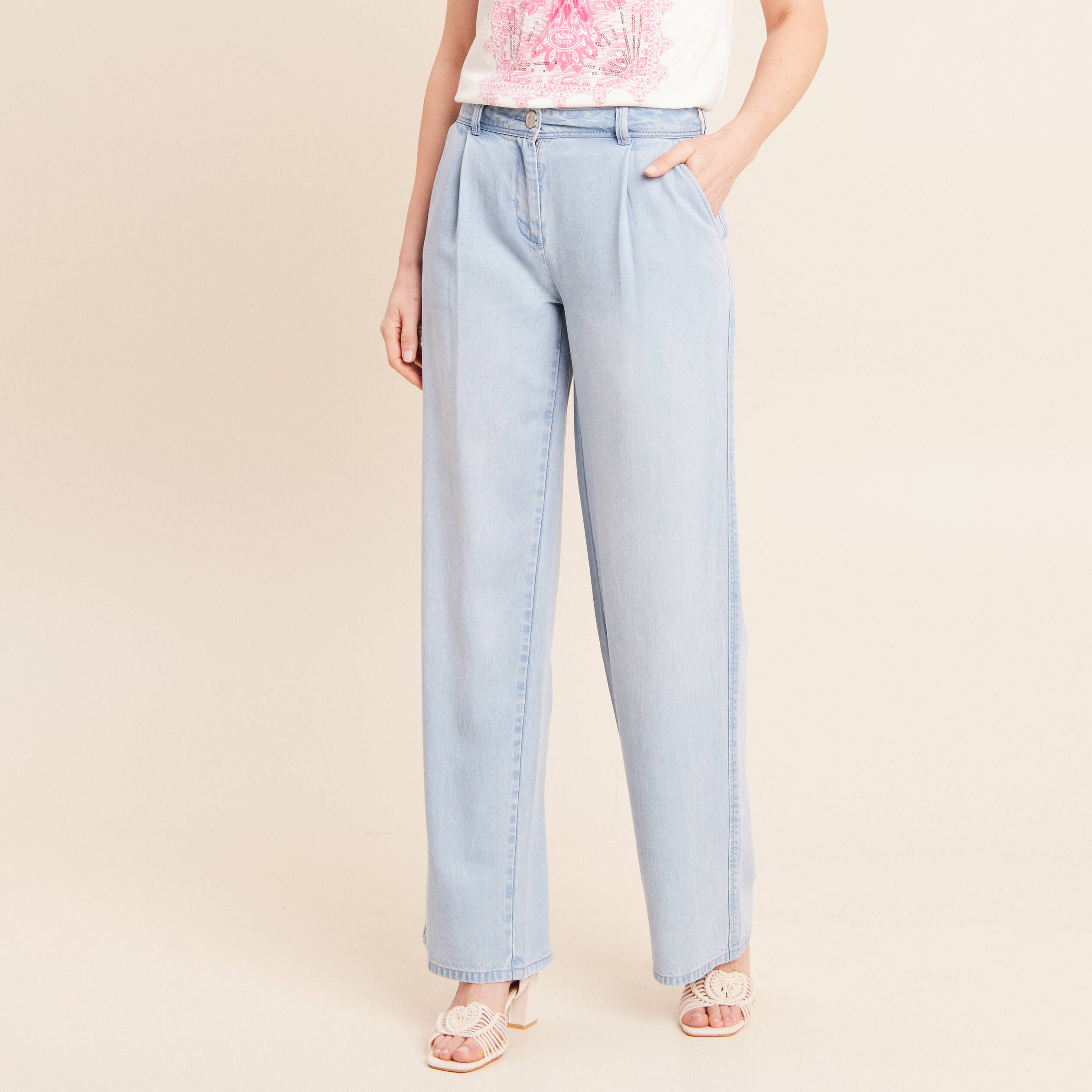 Pantalon large doubl&eacute; fluide denim bleach femme