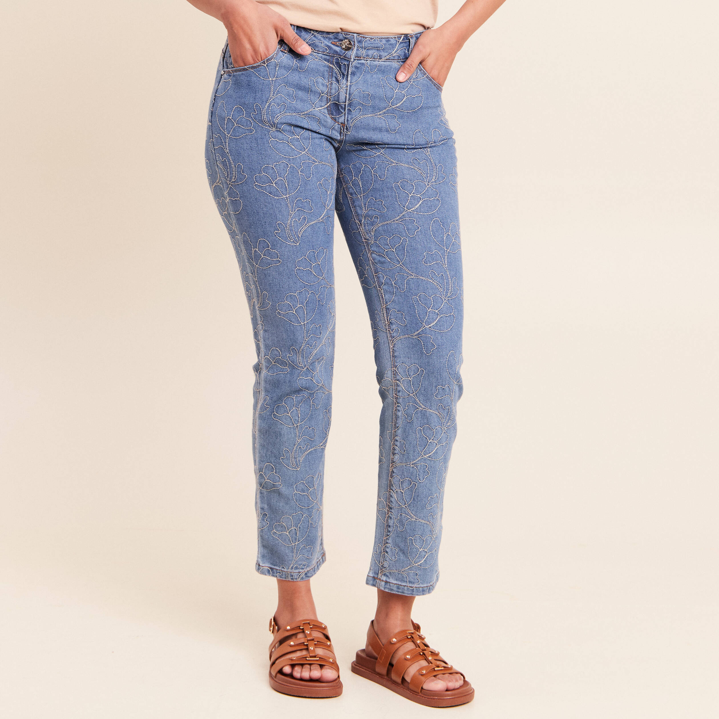 Jean coupe droite 7/8&egrave;me taille bascul&eacute;e denim double stone femme