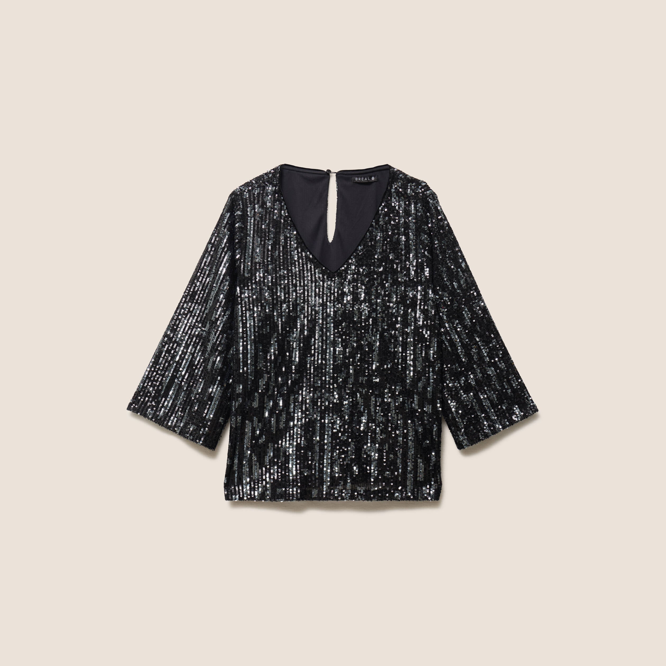 Blouse col v manches 3/4 &agrave; sequins gris fonc&eacute; femme