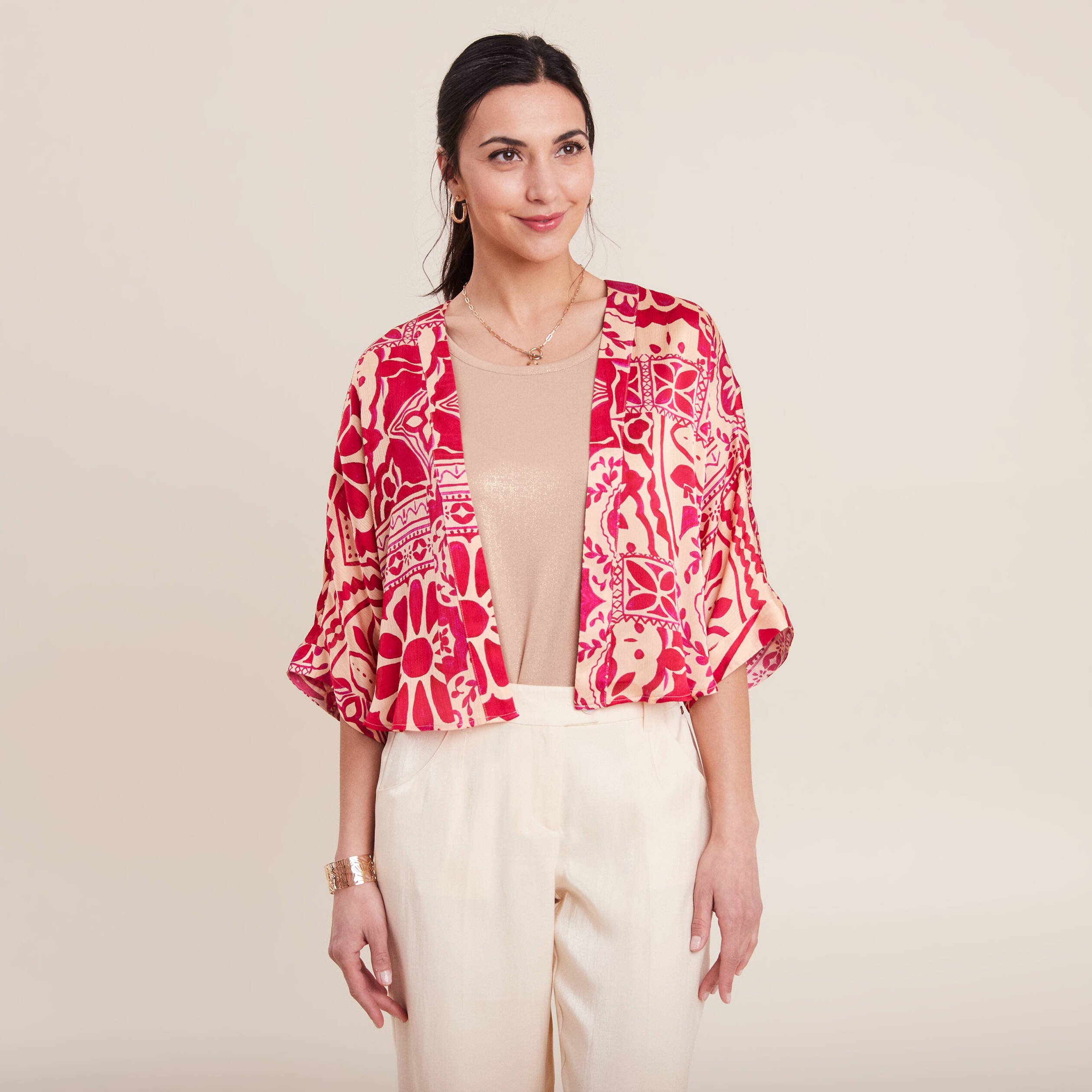 kimono imprime rose fushia femme Kimono imprimé rose fushia femme