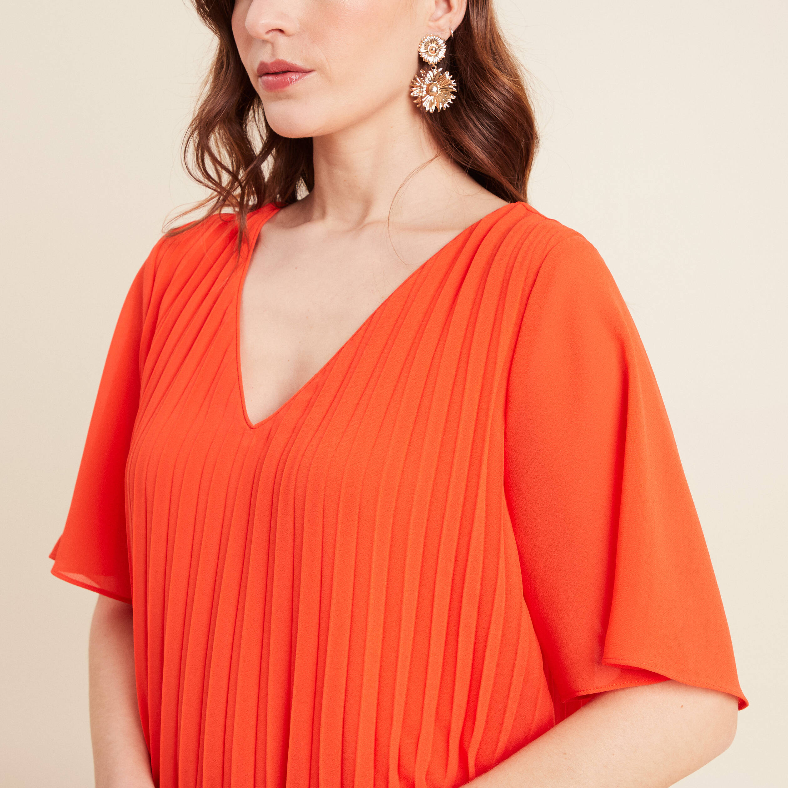 robe droite plissee orange fonce femme Robe droite plissée orange foncé femme