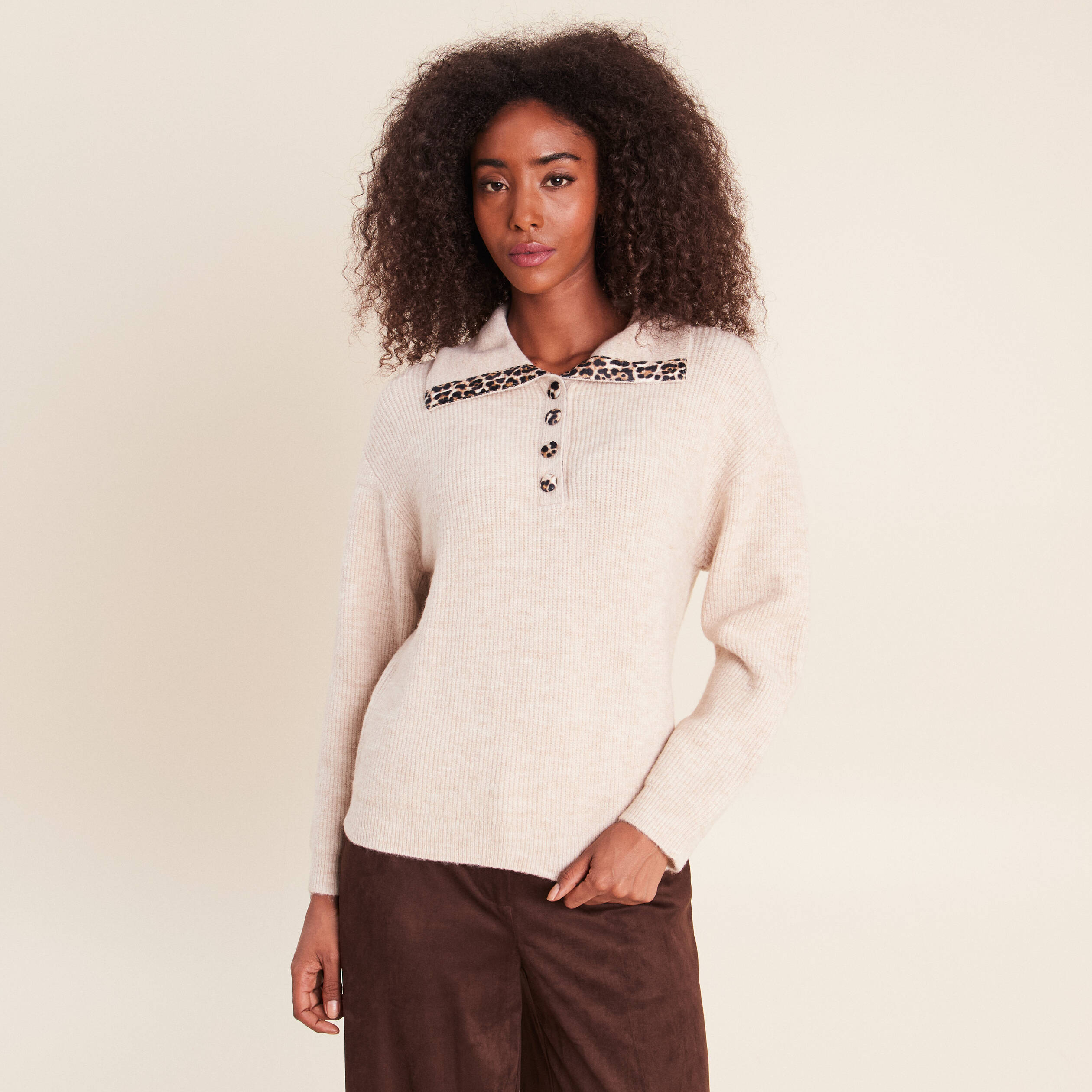 Pull droit manches longues beige femme