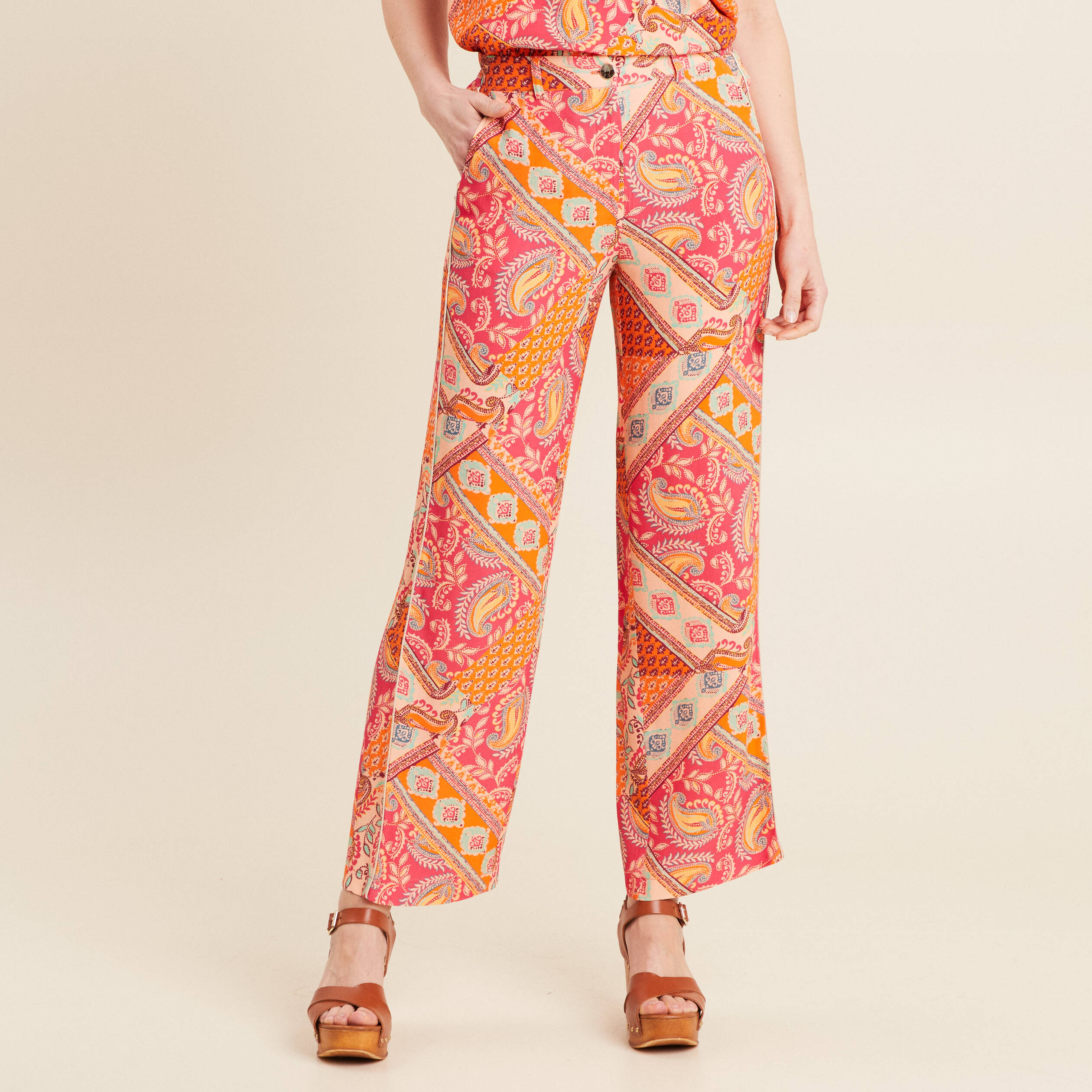 pantalon large taille haute orange femme Pantalon large taille haute orange femme