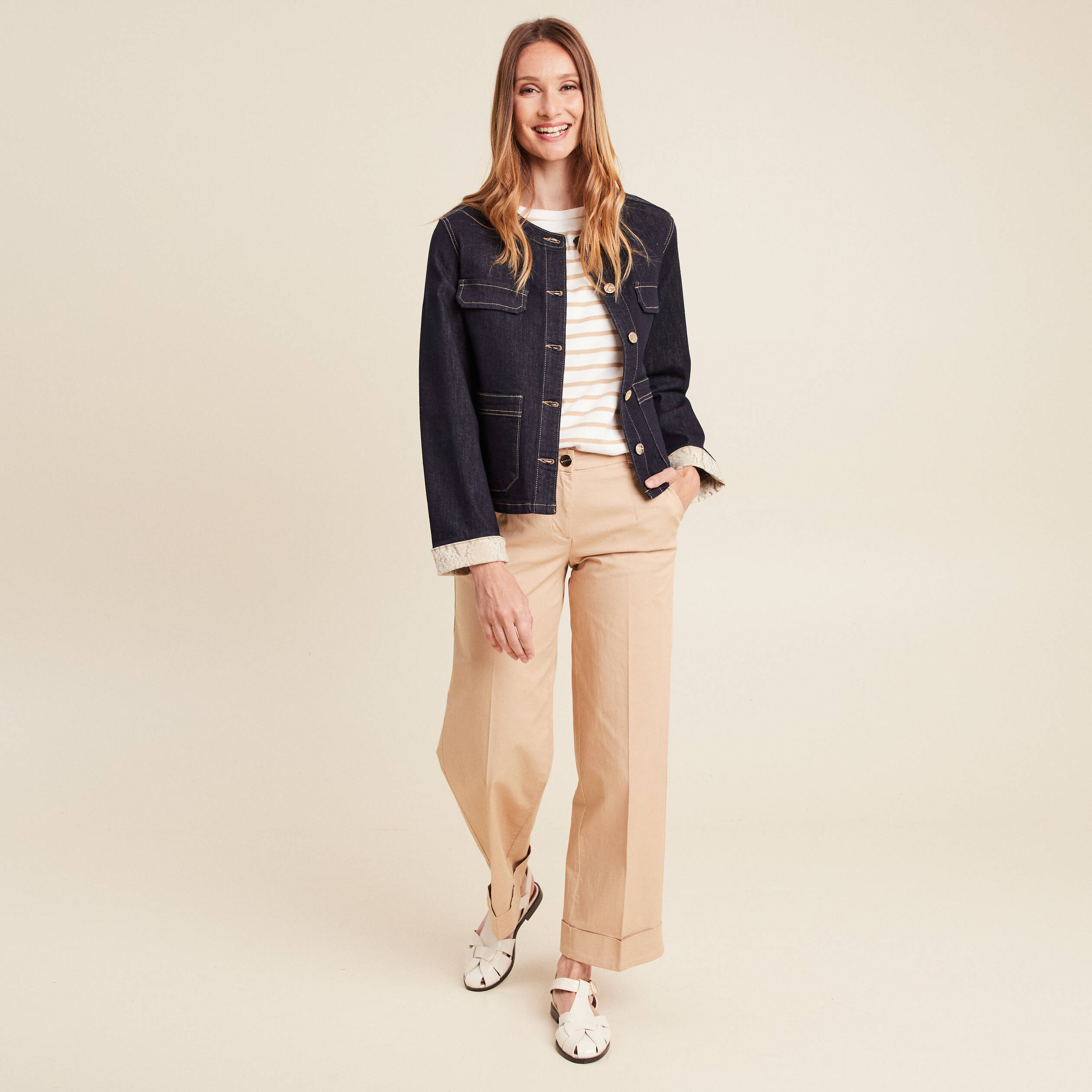 pantalon large taille basculee beige femme Pantalon large taille basculée beige femme