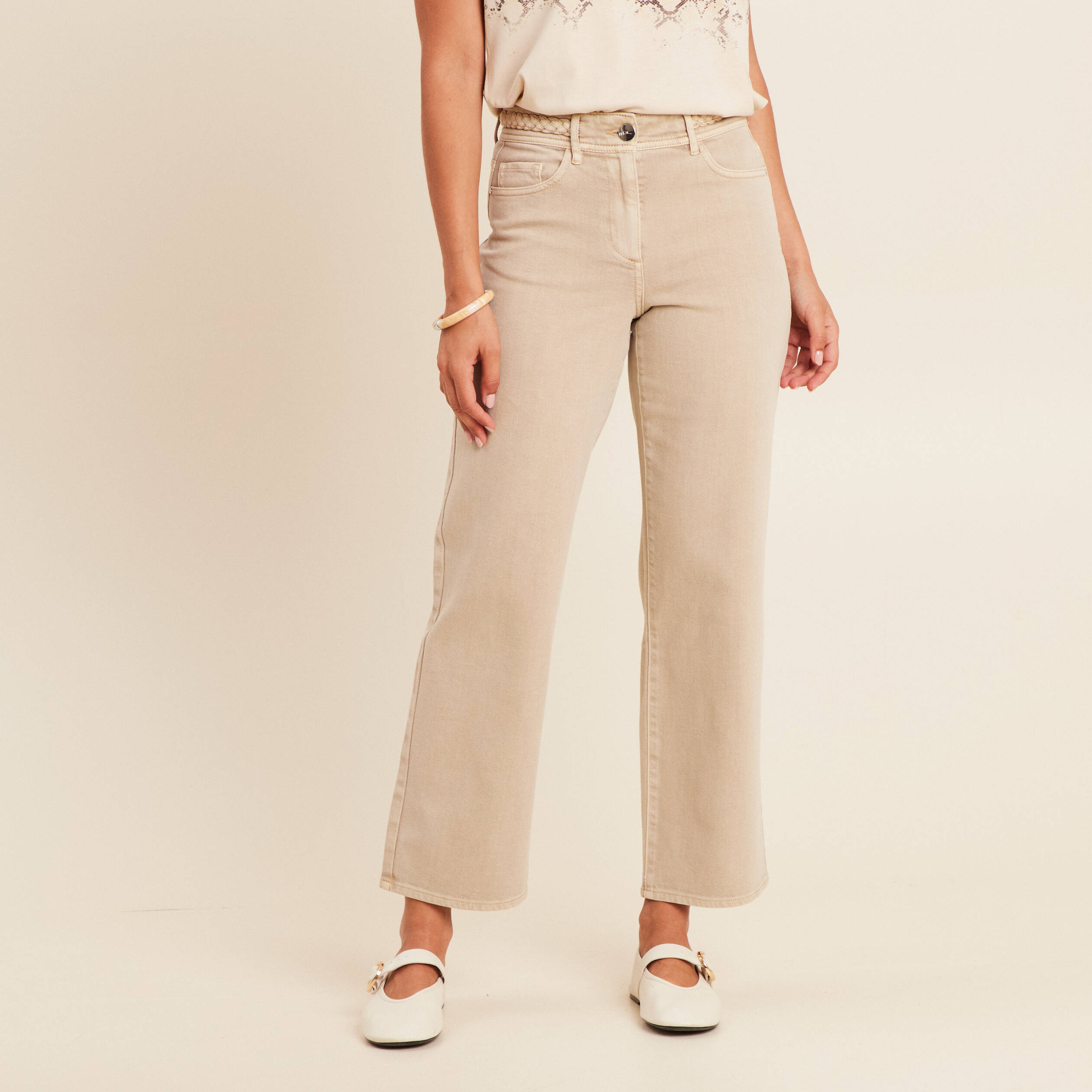 Jean coupe large 7/8&egrave;me taille haute denim beige femme