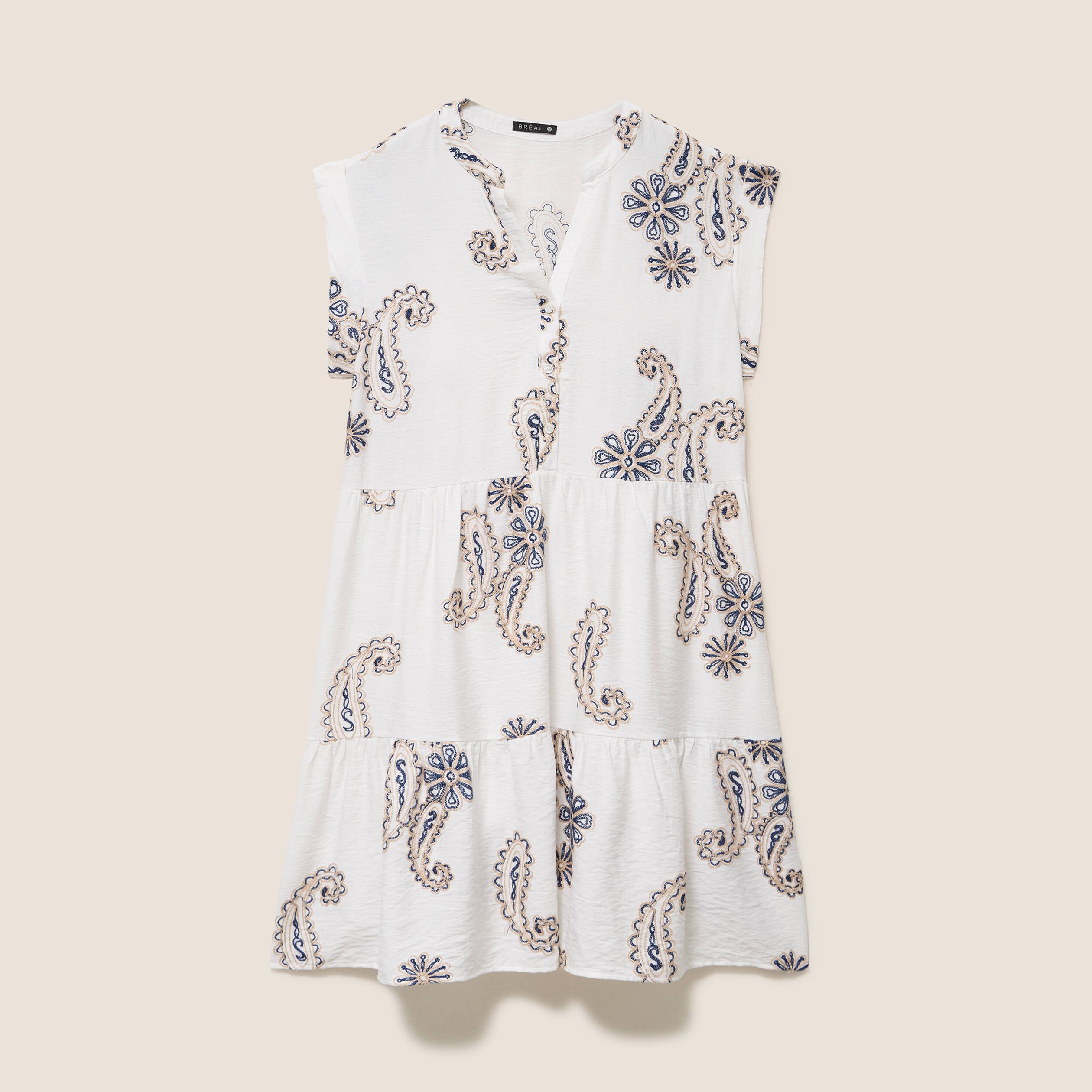 Robe courte &eacute;vas&eacute;e col tunisien brod&eacute;e bleu femme