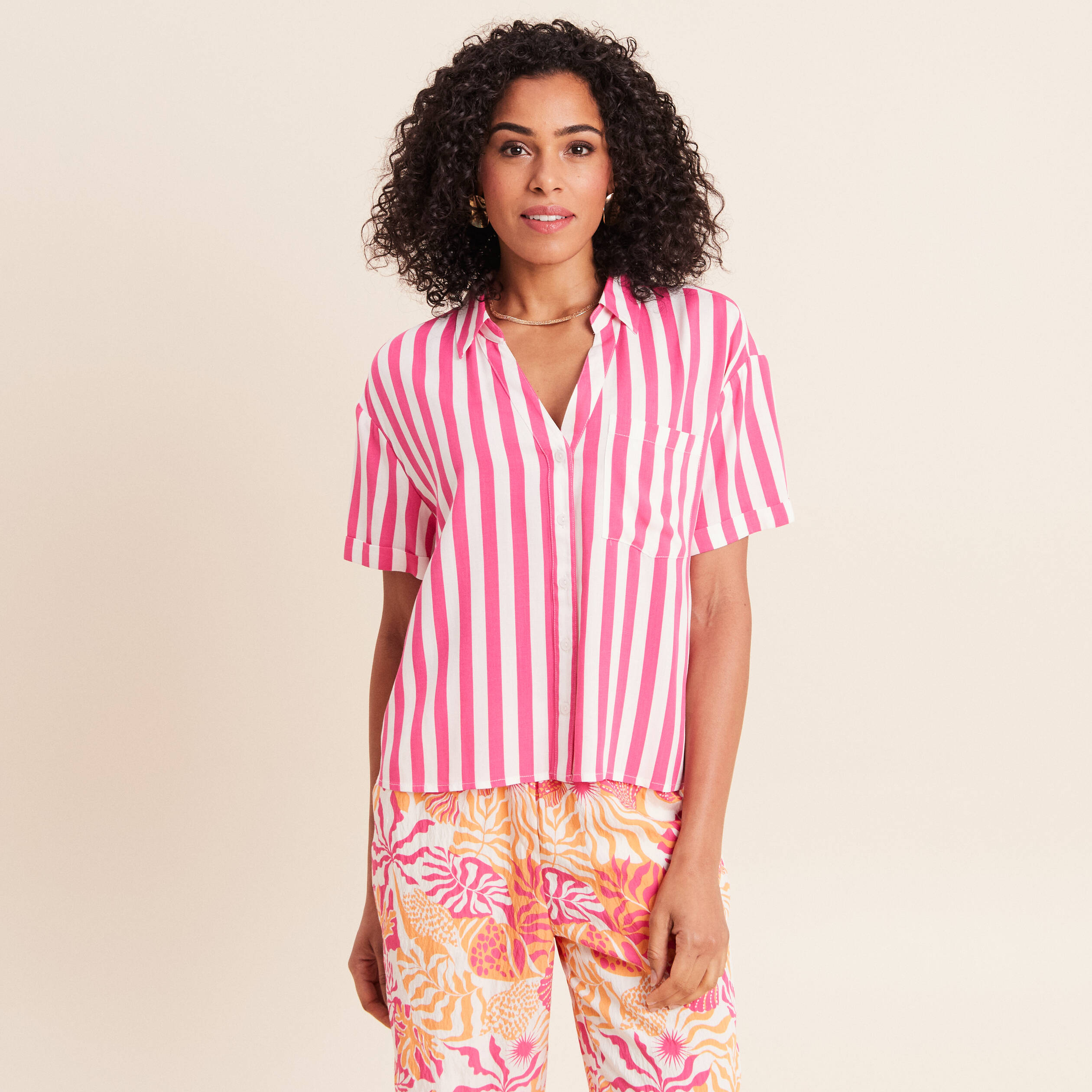 Chemise fluide manches courtes rose fushia femme