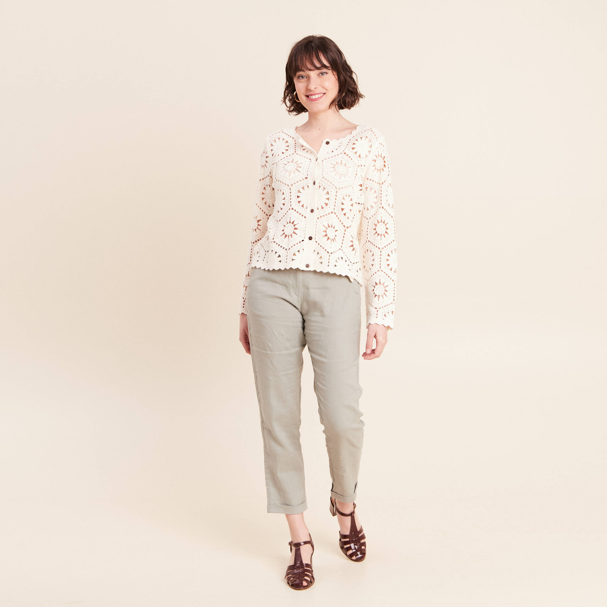 Gilet manches longues aspect dentelle ecru femme