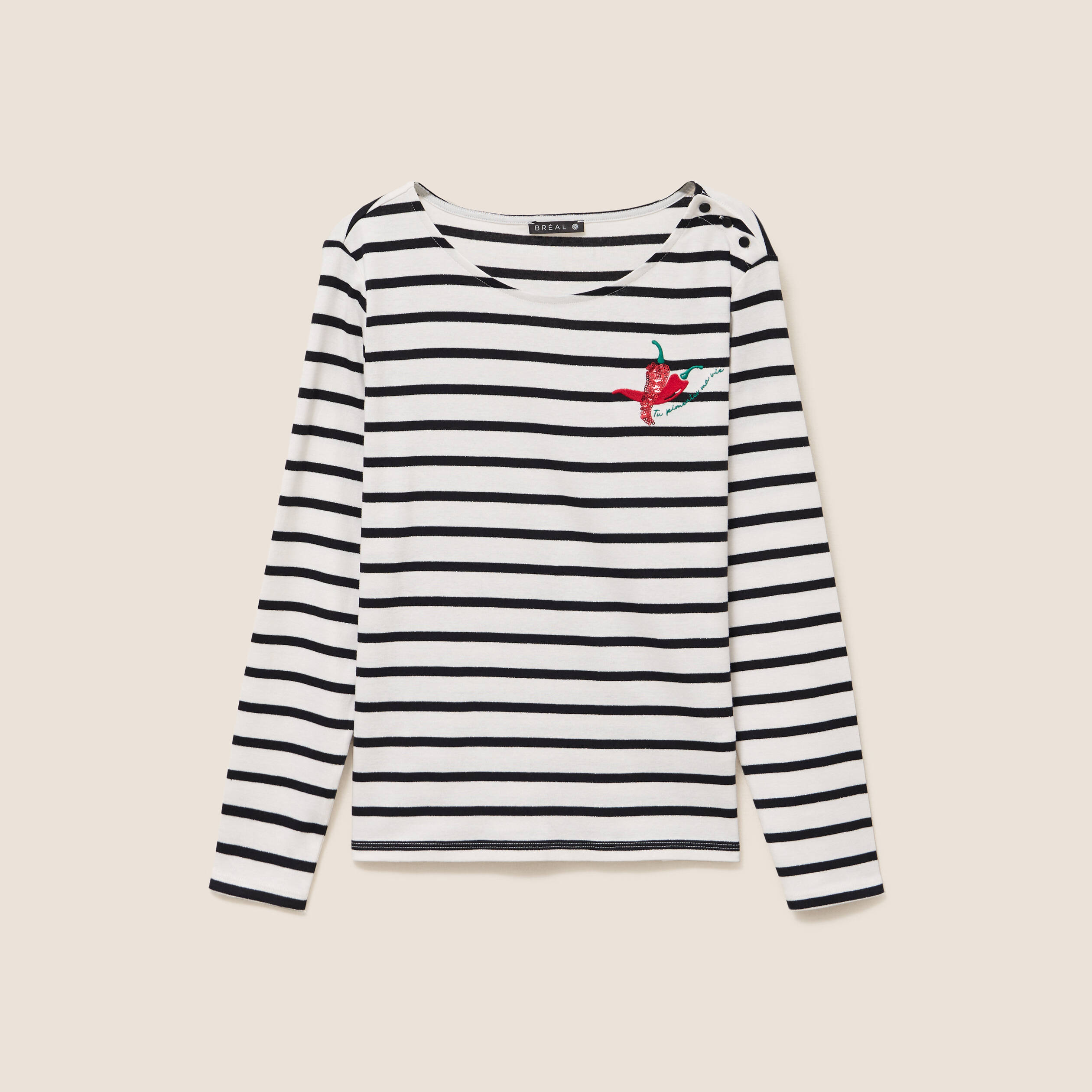 T-shirt marini&egrave;re avec broderie sequins noir femme