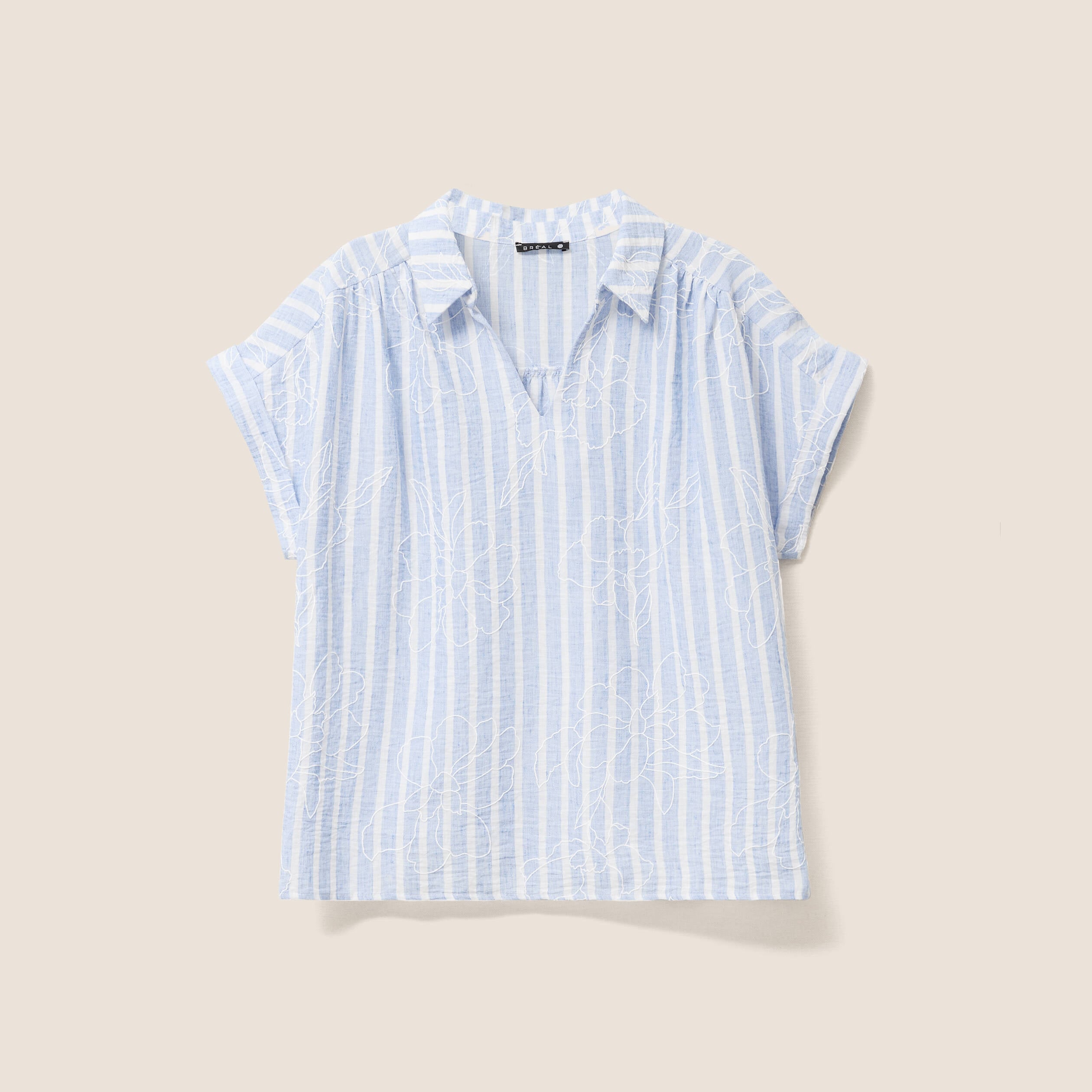 Blouse ample col chemise manches courtes bleu femme