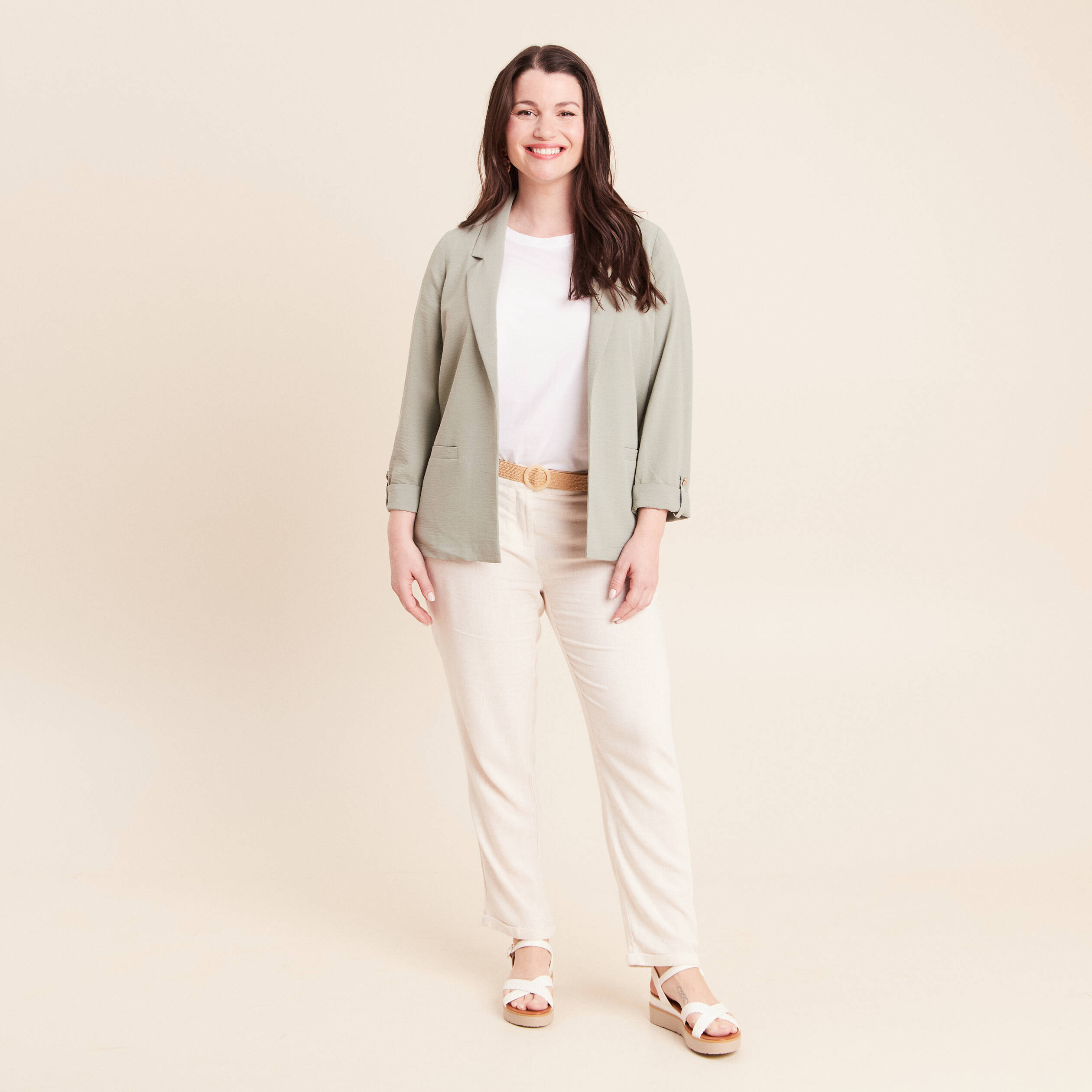 Veste longue droite col tailleur vert clair femme