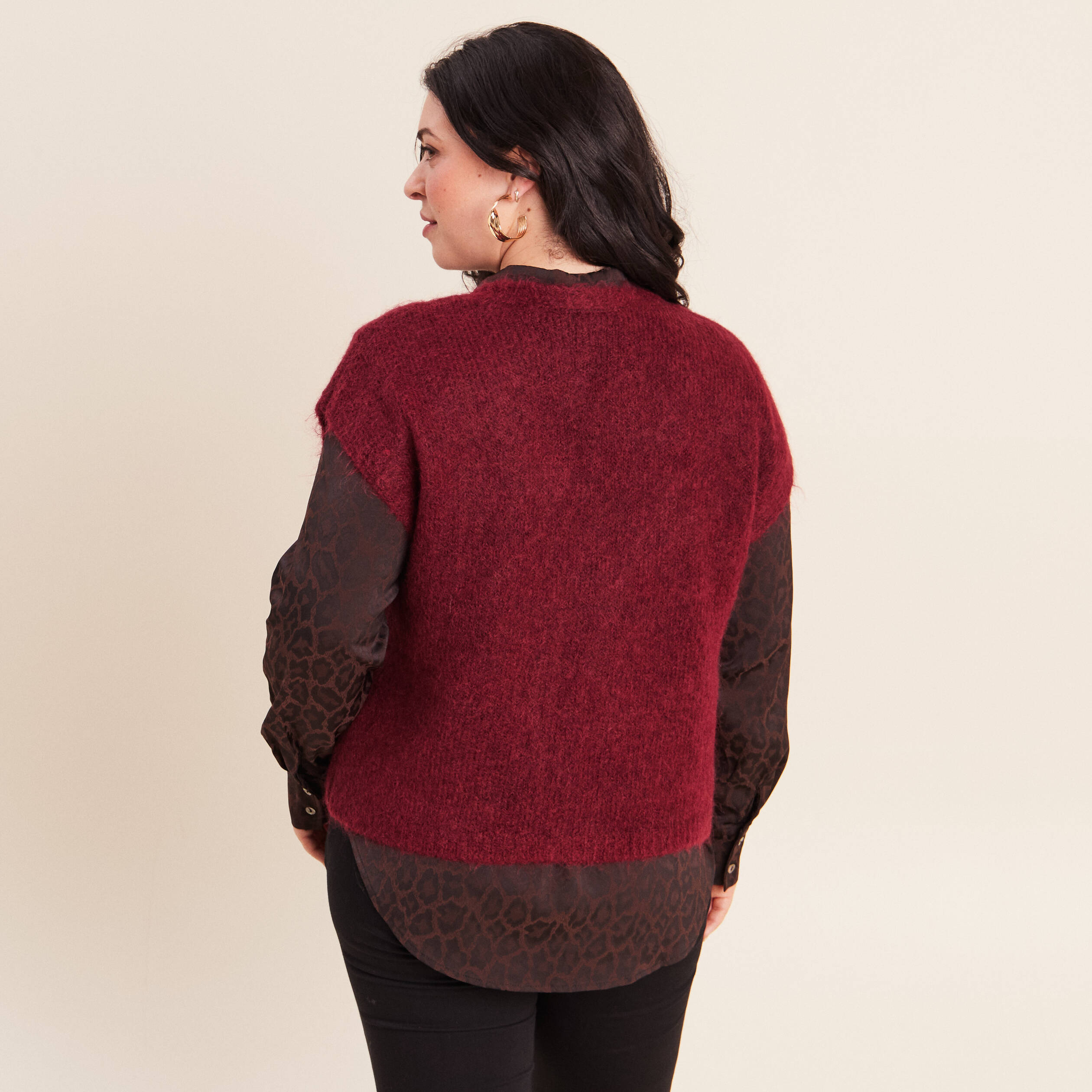 Gilet droit mi-long col v bordeaux femme