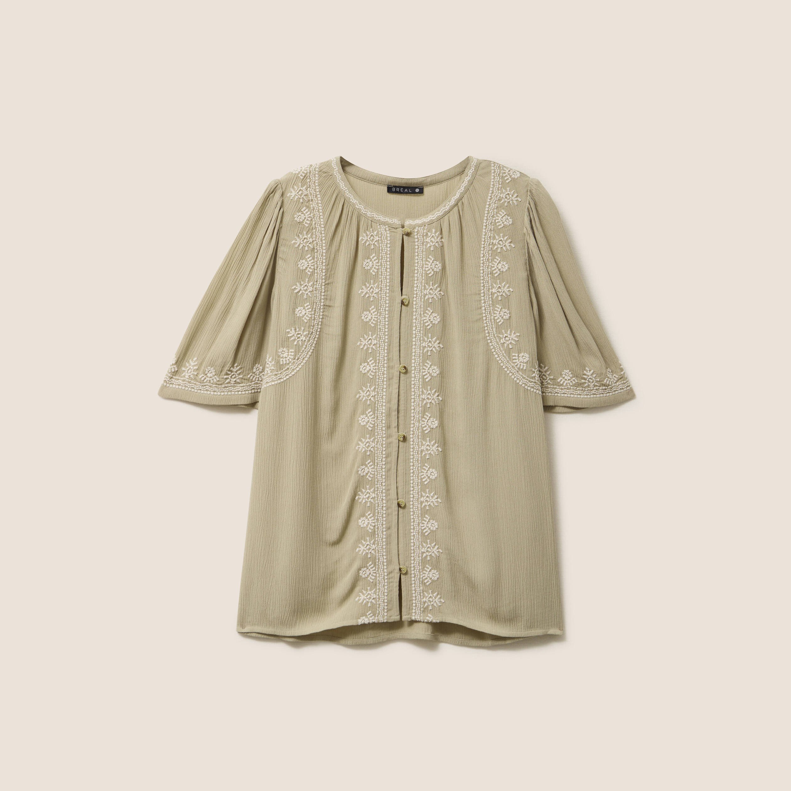chemise crepe broderie col rond vert kaki femme Chemise crêpe broderie col rond vert kaki femme