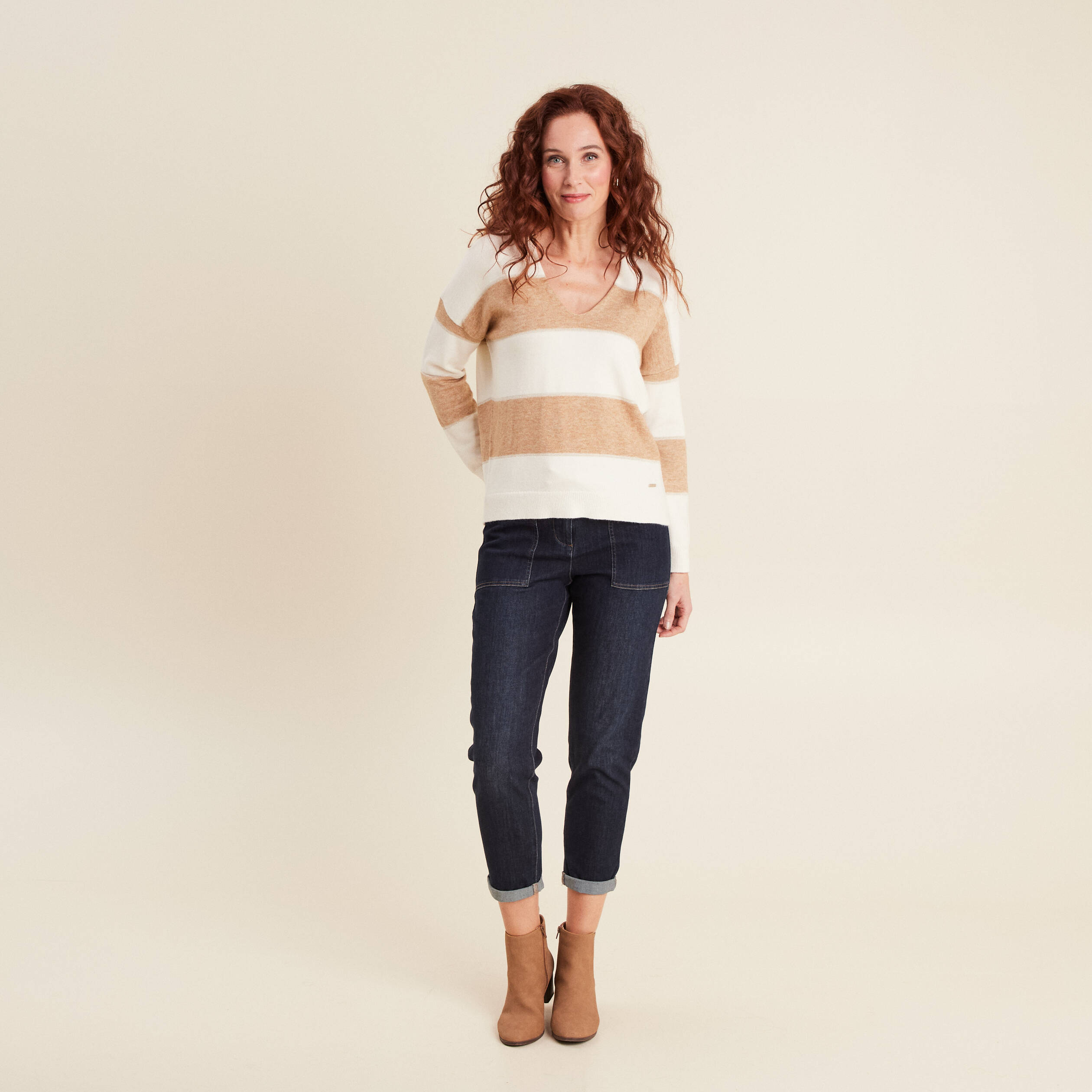 pull manches longues col en v sable femme Pull manches longues col en V sable femme