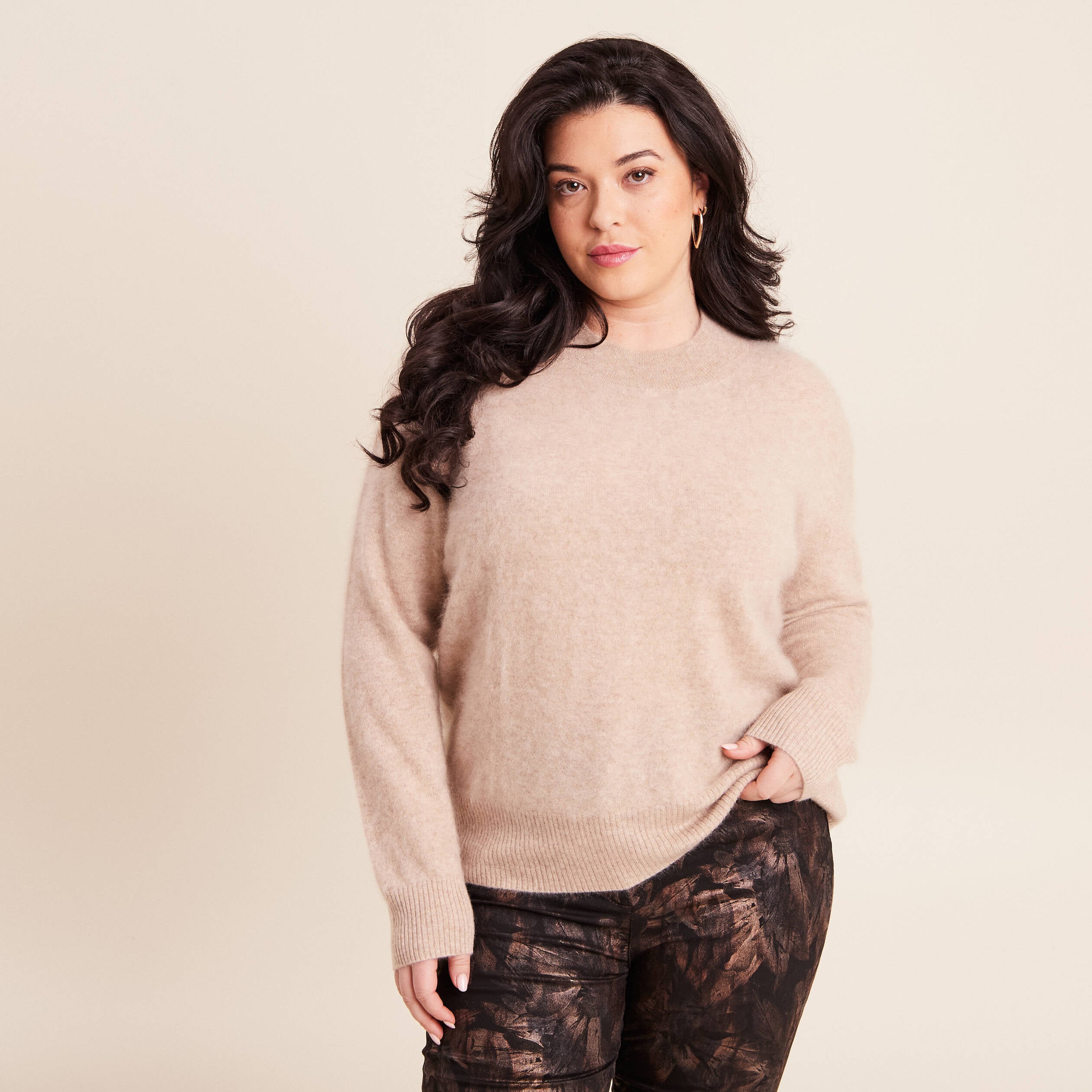 Pull cachemire col montant sable femme