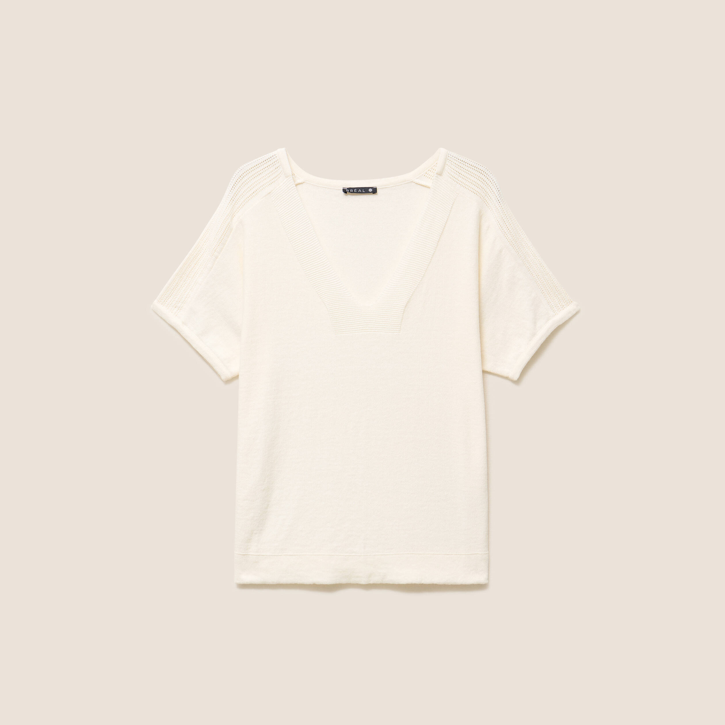 Pull droit col v manches courtes ecru femme