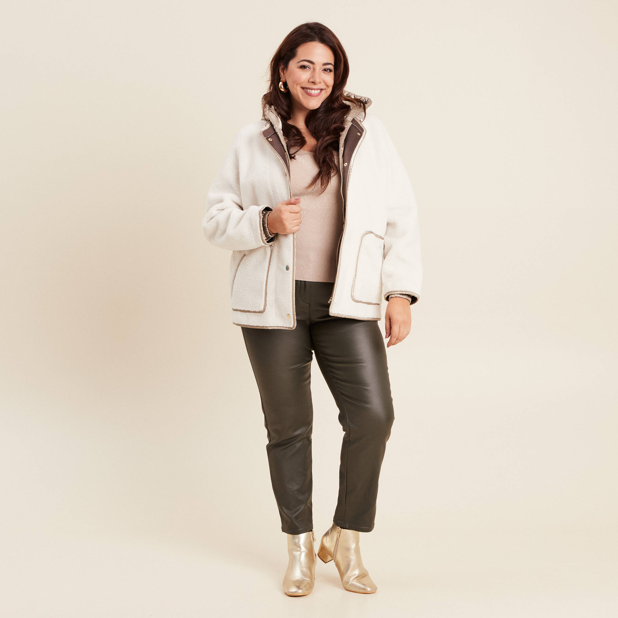 Manteau effet laine mouton à capuche ecru femme Vibs