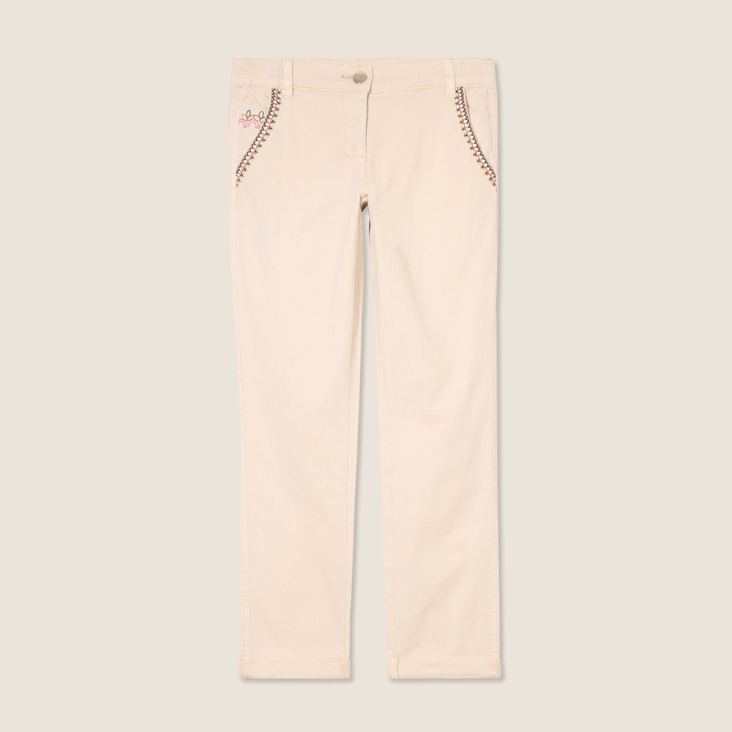 pantalon chino brode 78eme denim beige femme Pantalon chino brodé 7/8ème denim beige femme