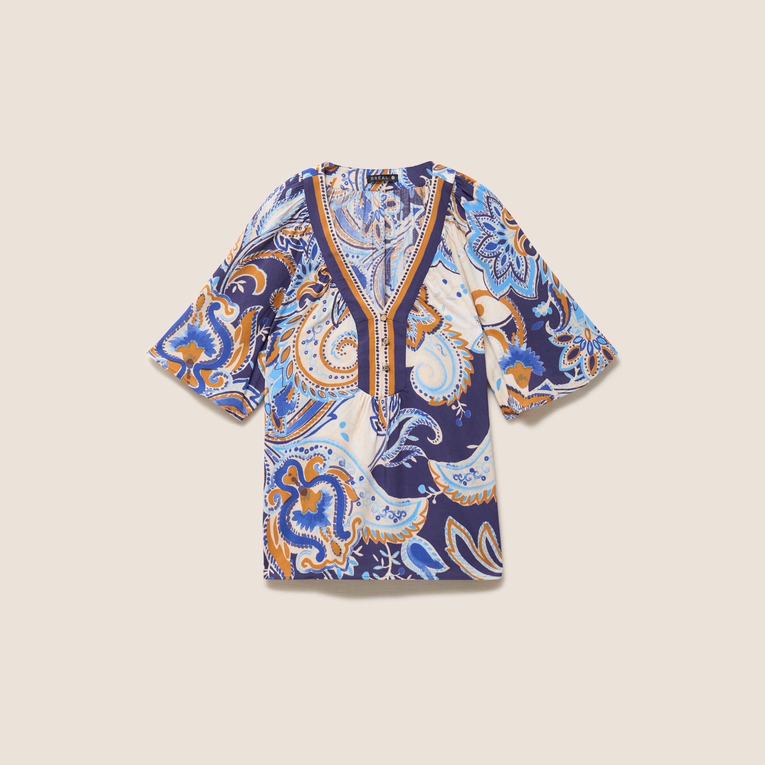 Blouse ample col v manches 3/4 bleu femme