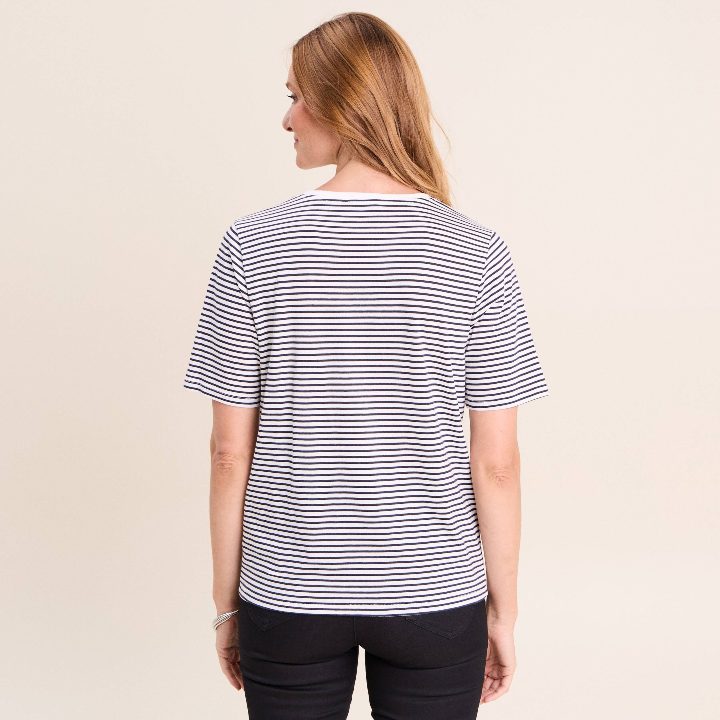 T-shirt droit broderie manches courtes bleu femme