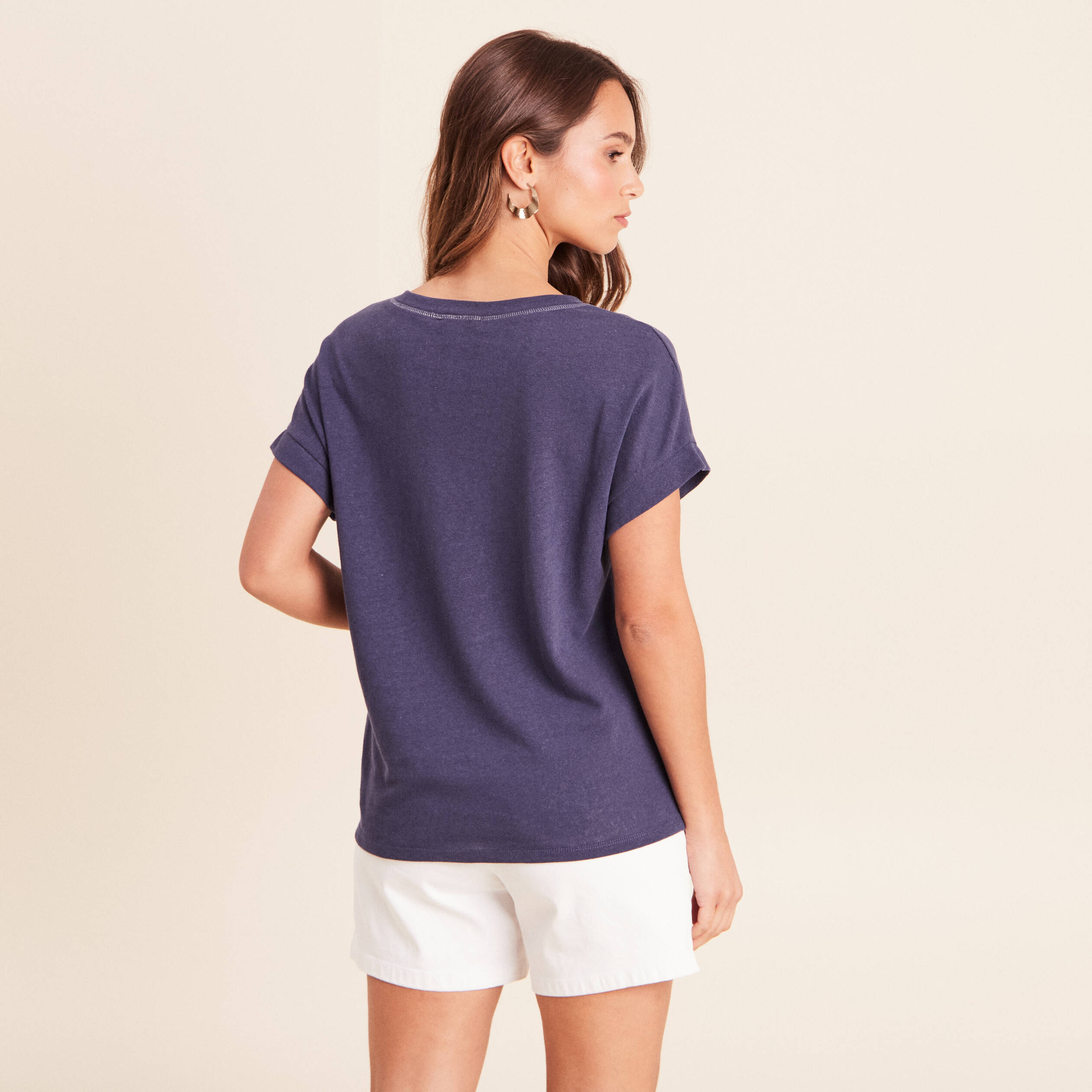 T-shirt droit cropped manches courtes bleu marine femme