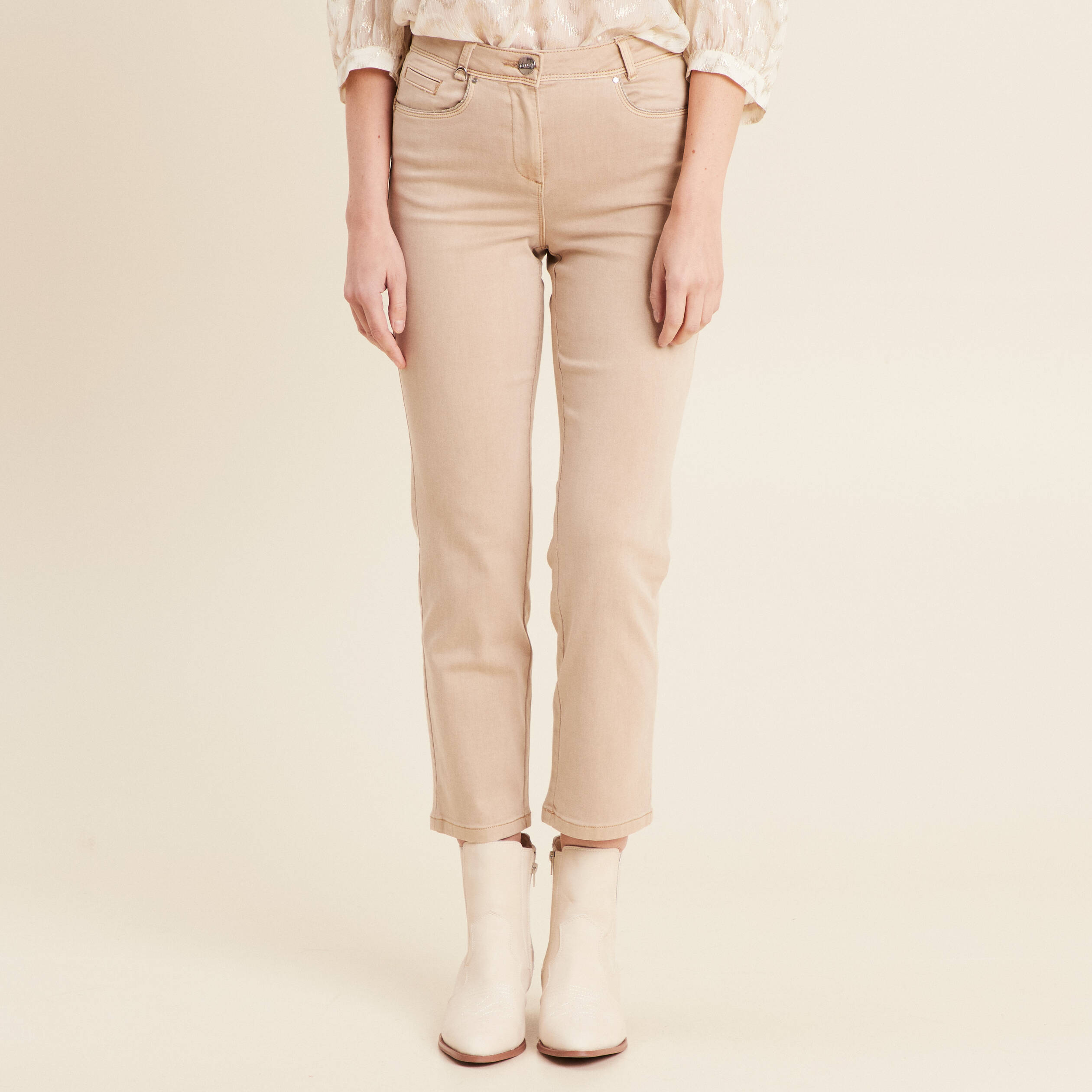 Jean coupe droite 7/8&egrave;me denim beige femme