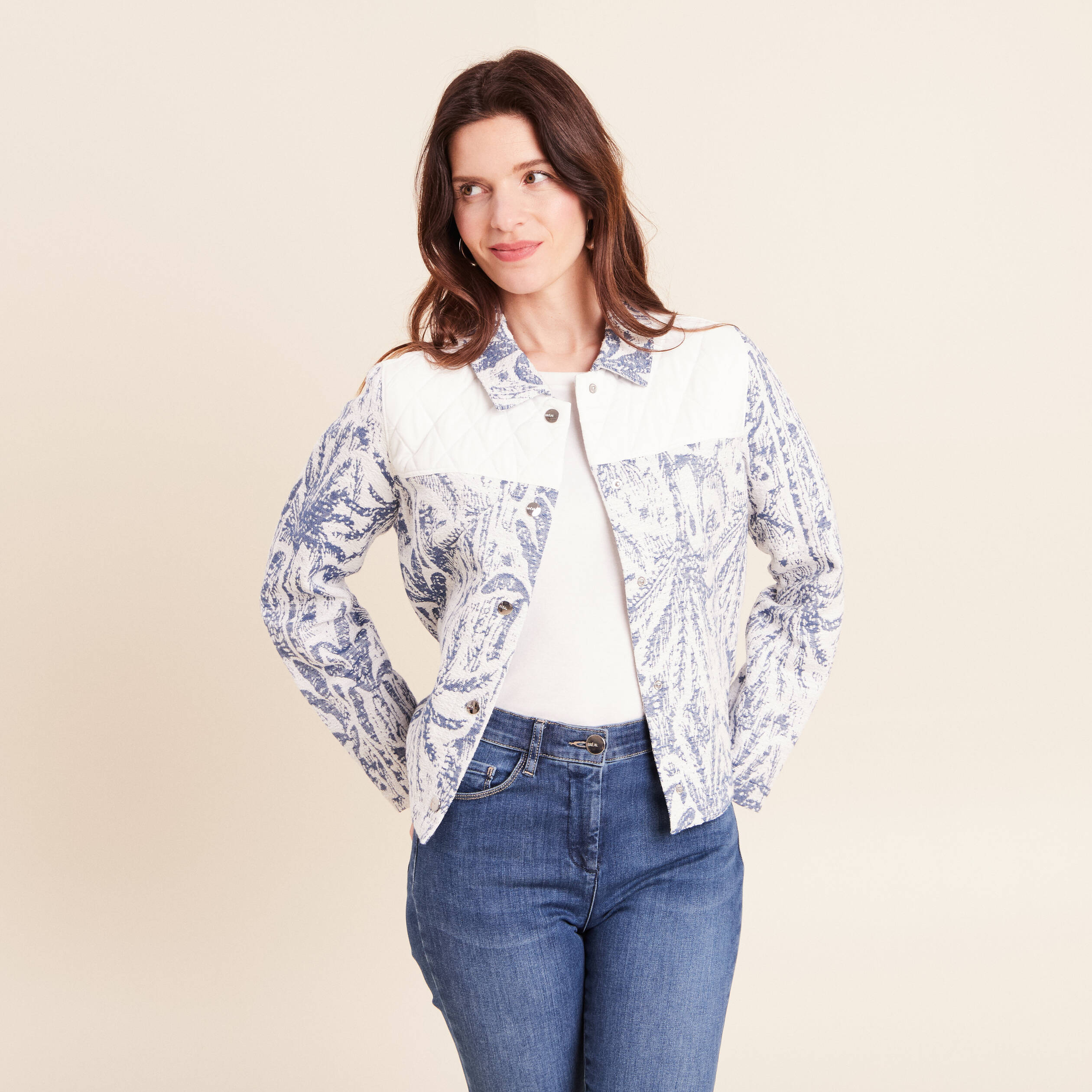 Veste bi-mati&egrave;re jacquard bleu femme