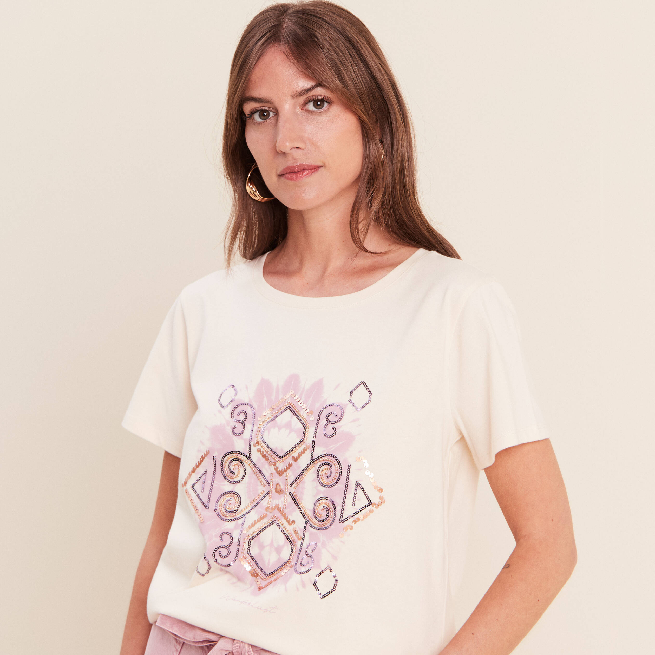 T-shirt col rond manches courtes ecru femme