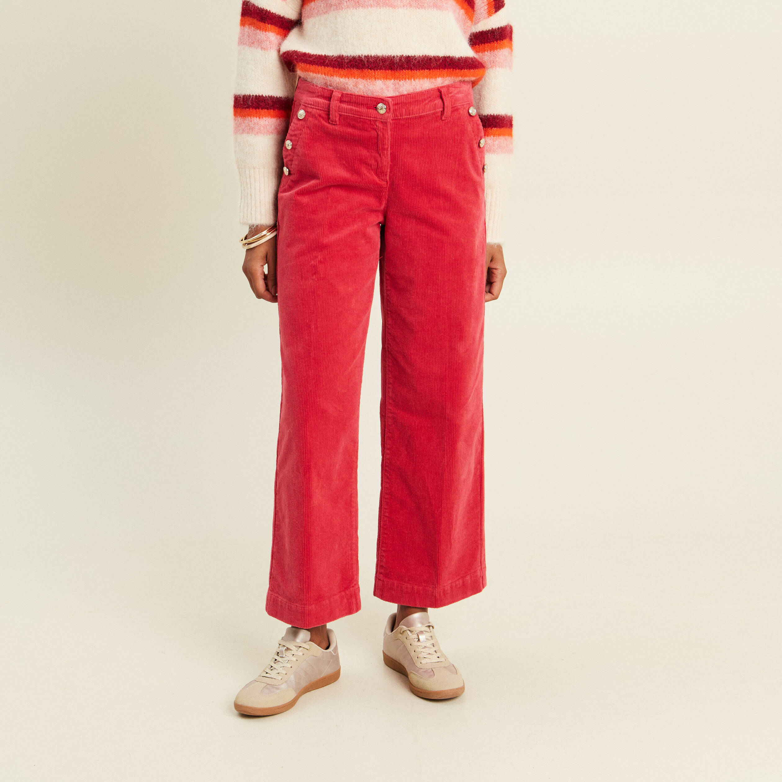 Pantalon large velours c&ocirc;tel&eacute; rouge femme